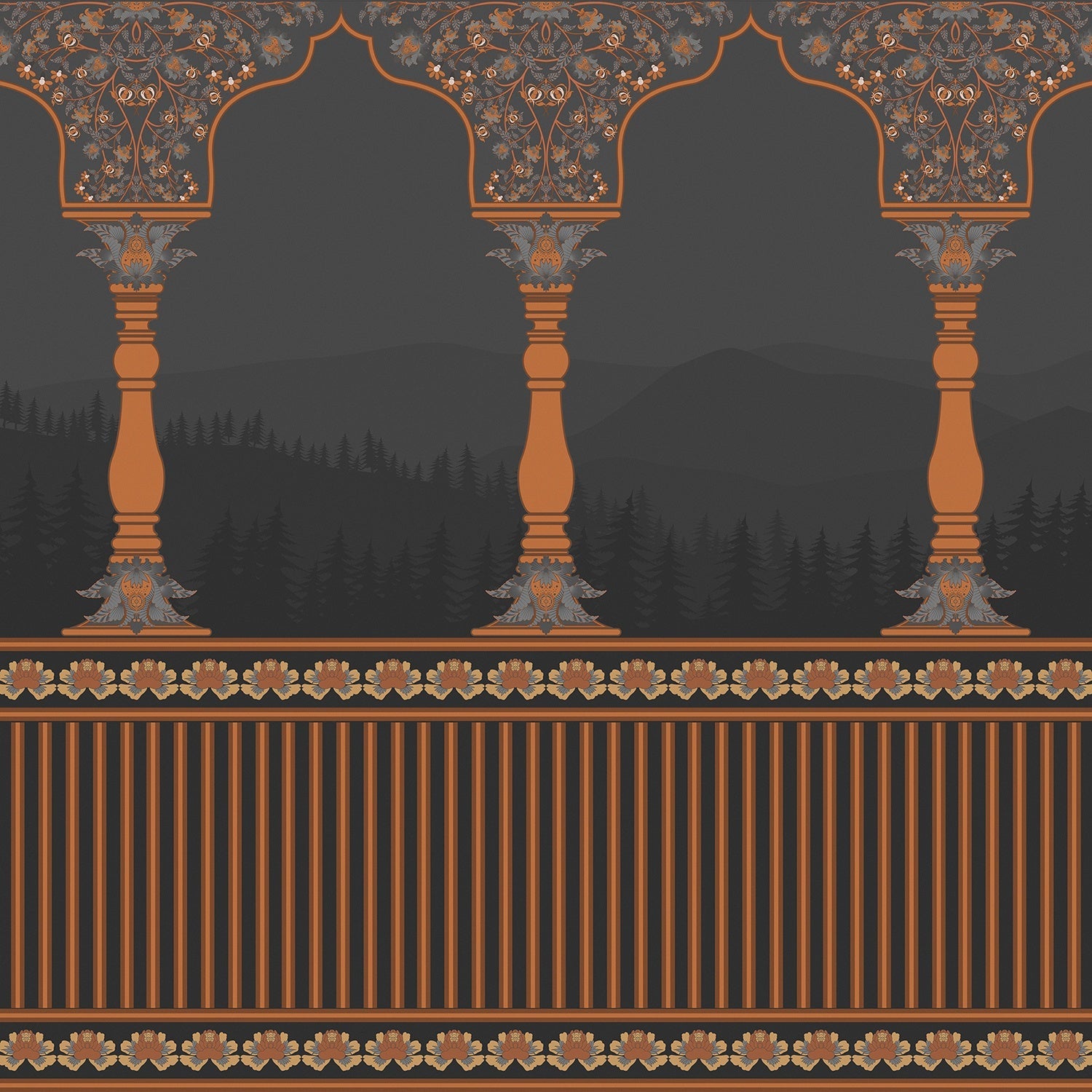 Ornate arched colonnade with forest silhouettes in emerald green and gold architectural details - view 16 - final