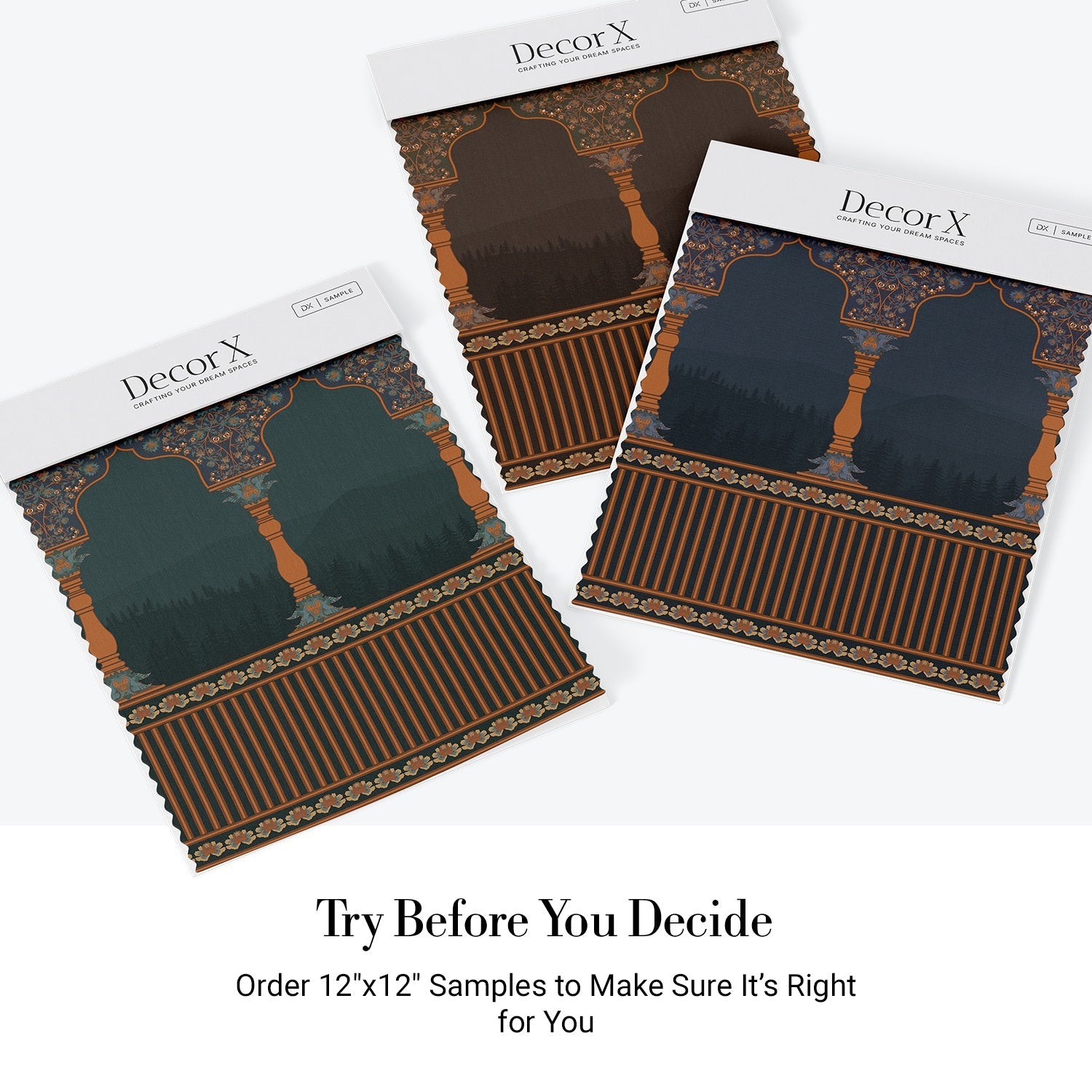 Ornate arched colonnade with forest silhouettes in emerald green and gold architectural details - view 19 - final all-groups samples