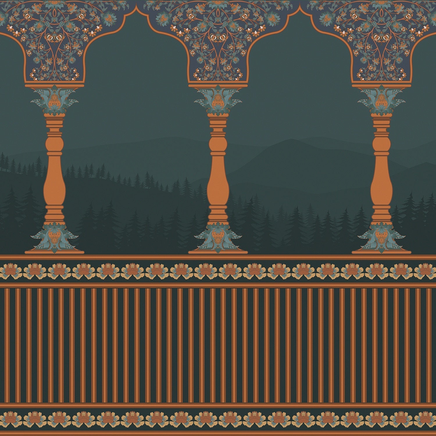 Ornate arched colonnade with forest silhouettes in emerald green and gold architectural details - view 2 - final