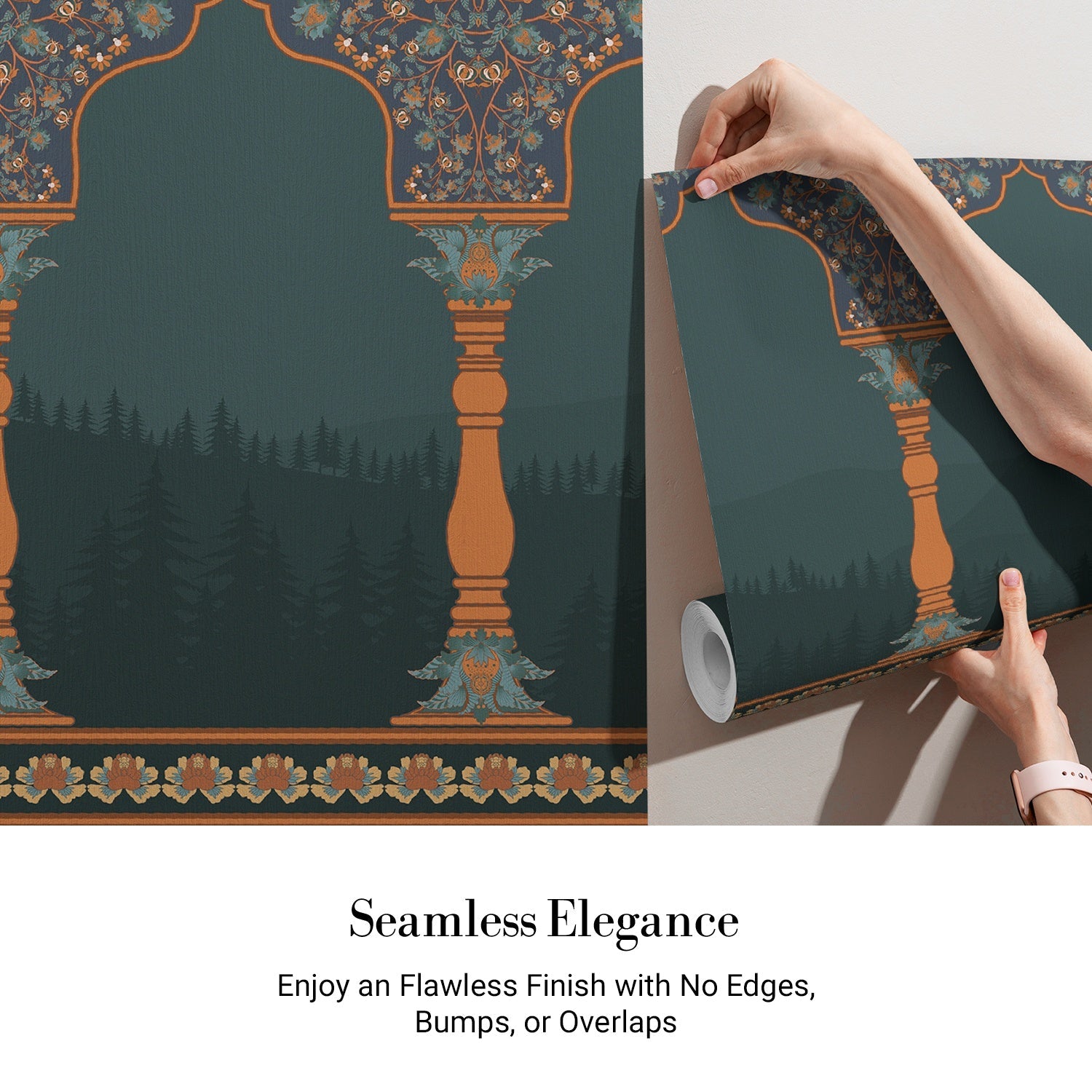 Ornate arched colonnade with forest silhouettes in emerald green and gold architectural details - view 3 - final