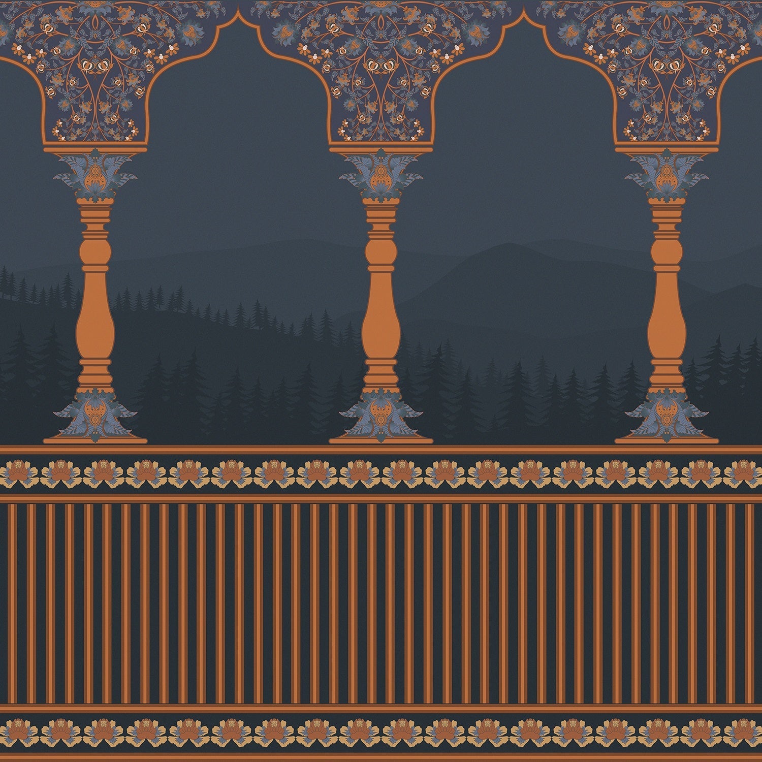 Ornate arched colonnade with forest silhouettes in emerald green and gold architectural details - view 8 - final