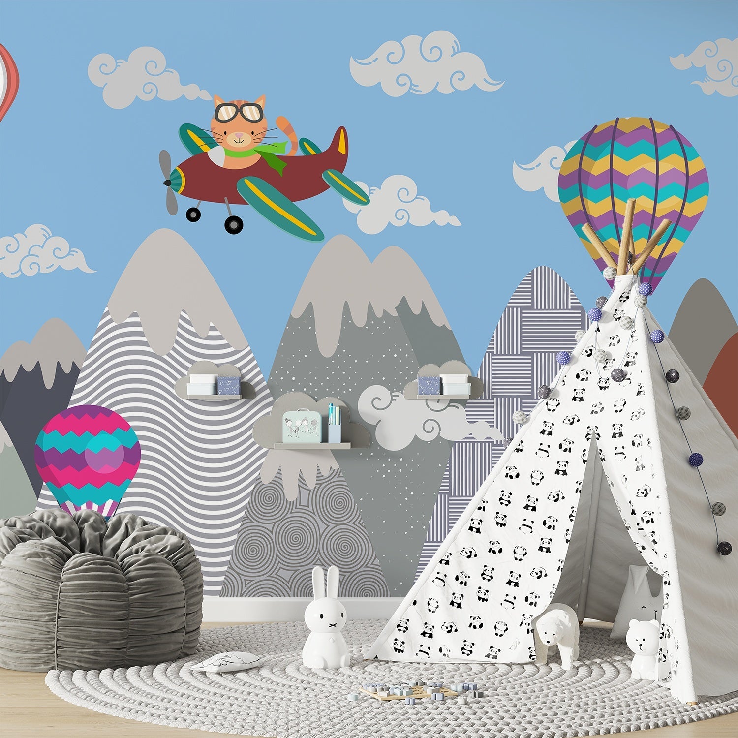 Whimsical mountain scene with teepee tent, hot air balloons and cartoon airplane above peaks - view 11 - final