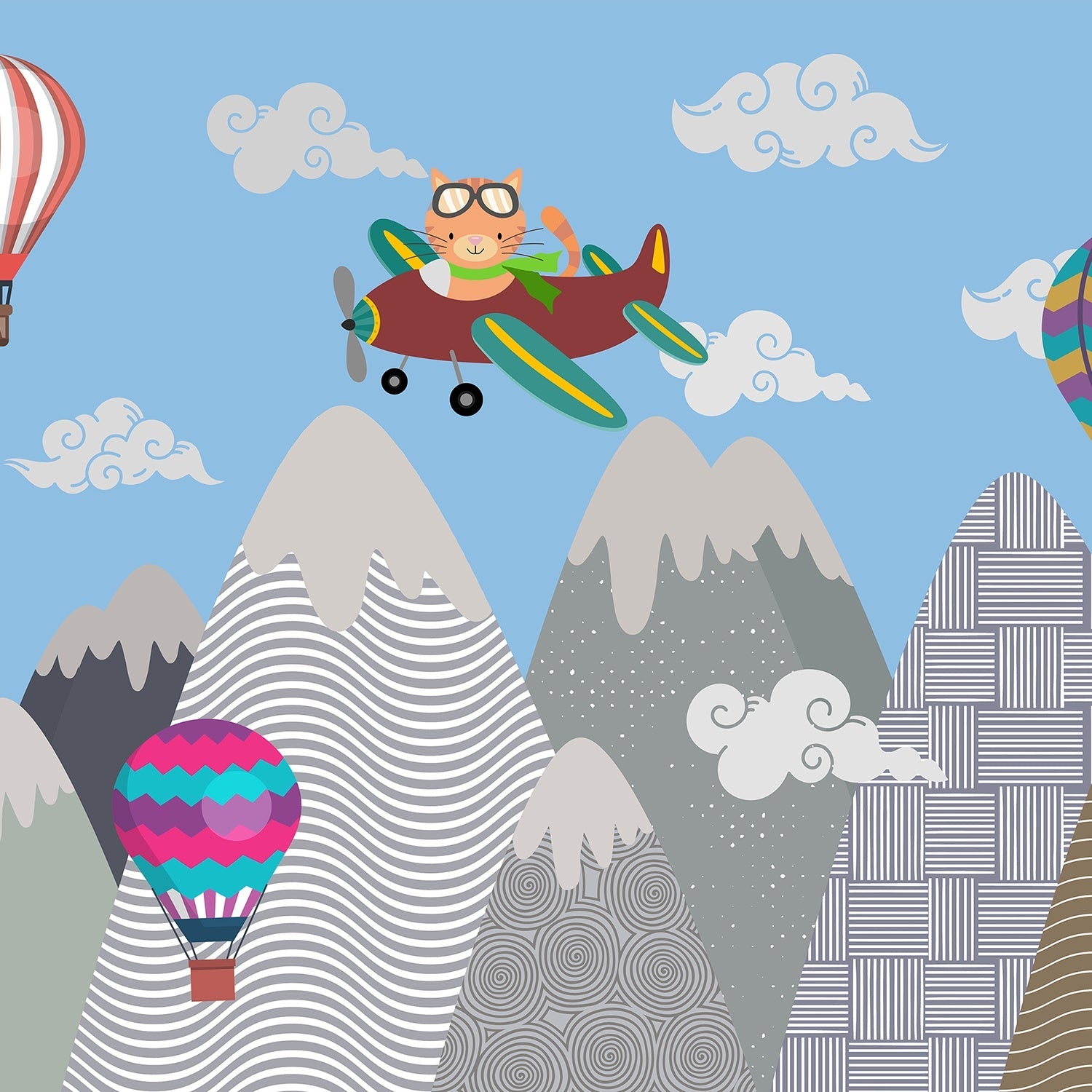 Whimsical mountain scene with teepee tent, hot air balloons and cartoon airplane above peaks - view 12 - final