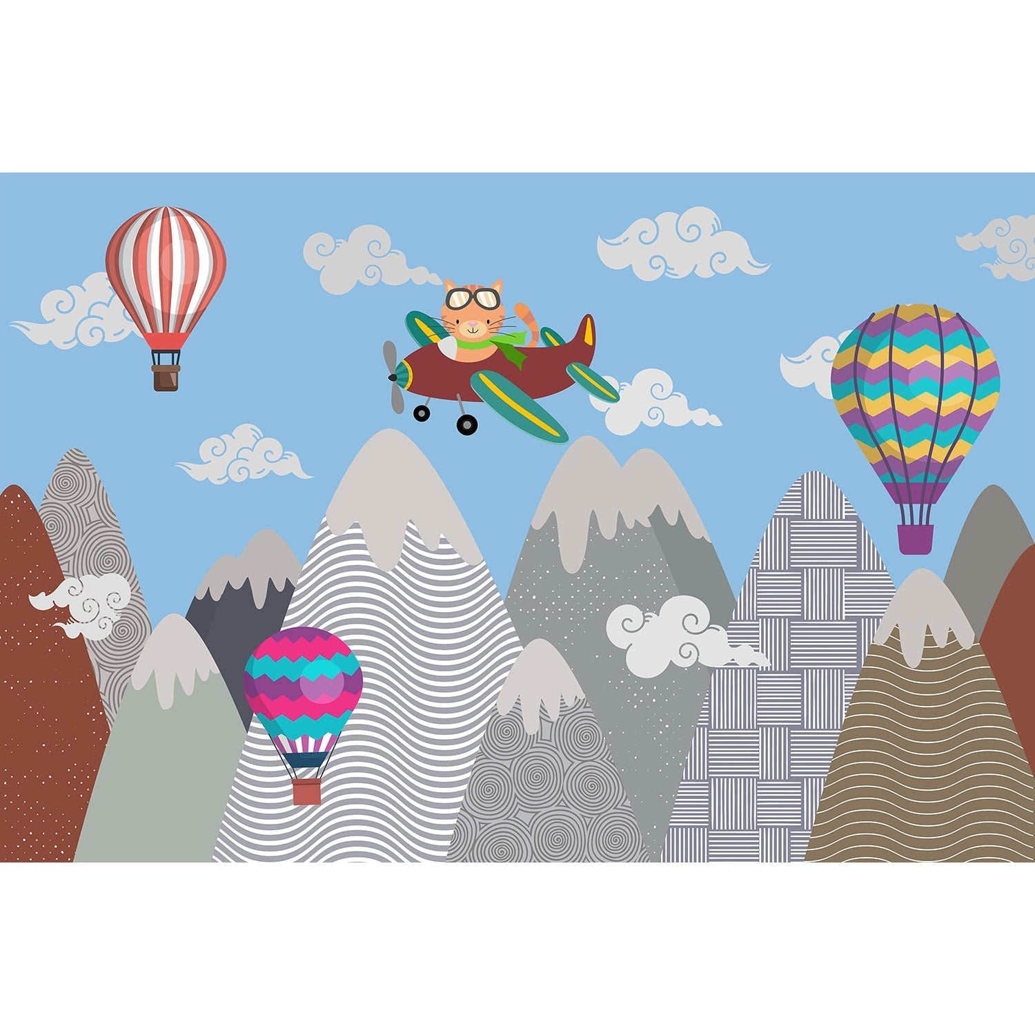 "Whimsical cat flying among clouds lea - kids wallpaper mural-equal final"