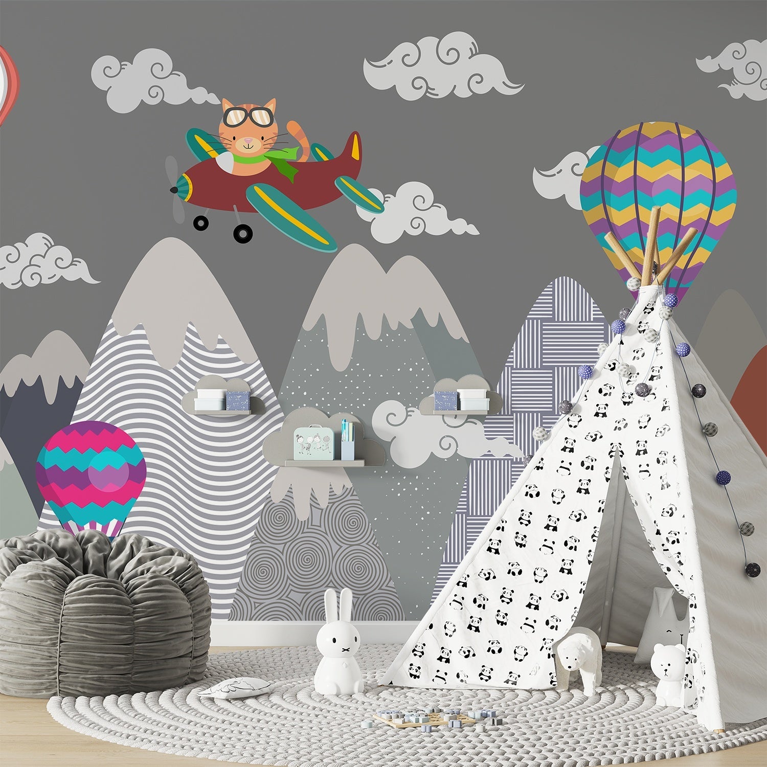 Whimsical mountain scene with teepee tent, hot air balloons and cartoon airplane above peaks - view 15 - final