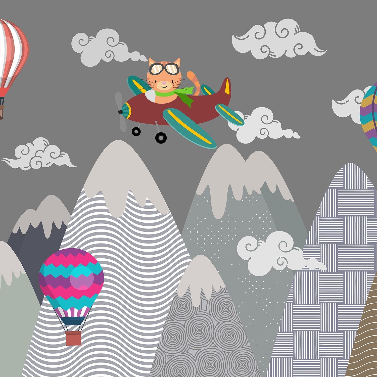 Whimsical mountain scene with teepee tent, hot air balloons and cartoon airplane above peaks - view 16 - final