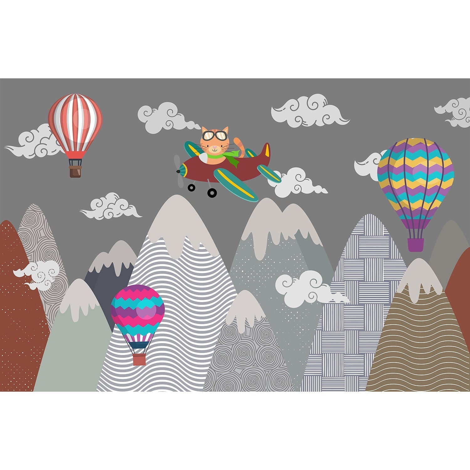 "Whimsical cat flying among clouds lea - kids wallpaper mural-equal final"