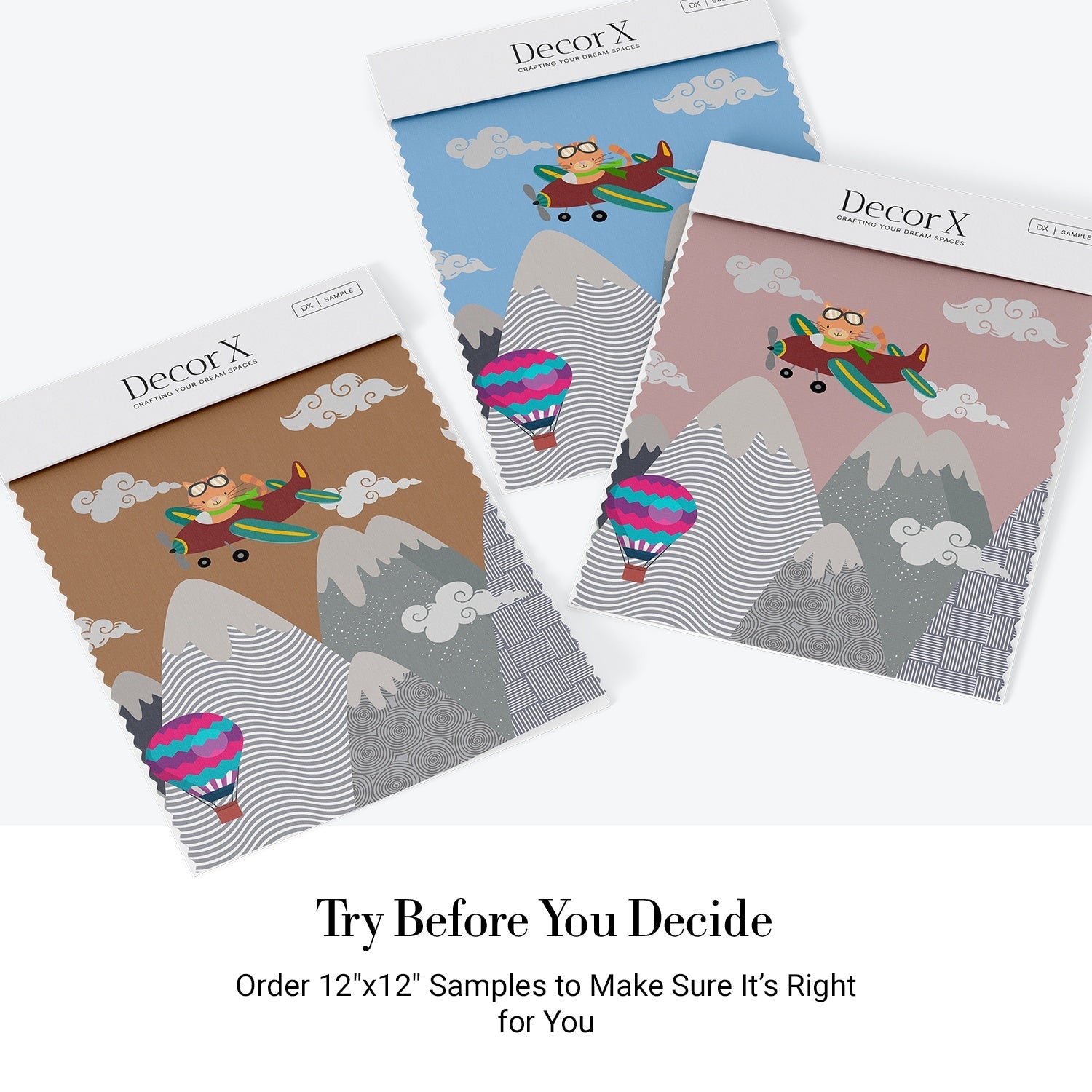 Whimsical mountain scene with teepee tent, hot air balloons and cartoon airplane above peaks - view 19 - final all-groups samples