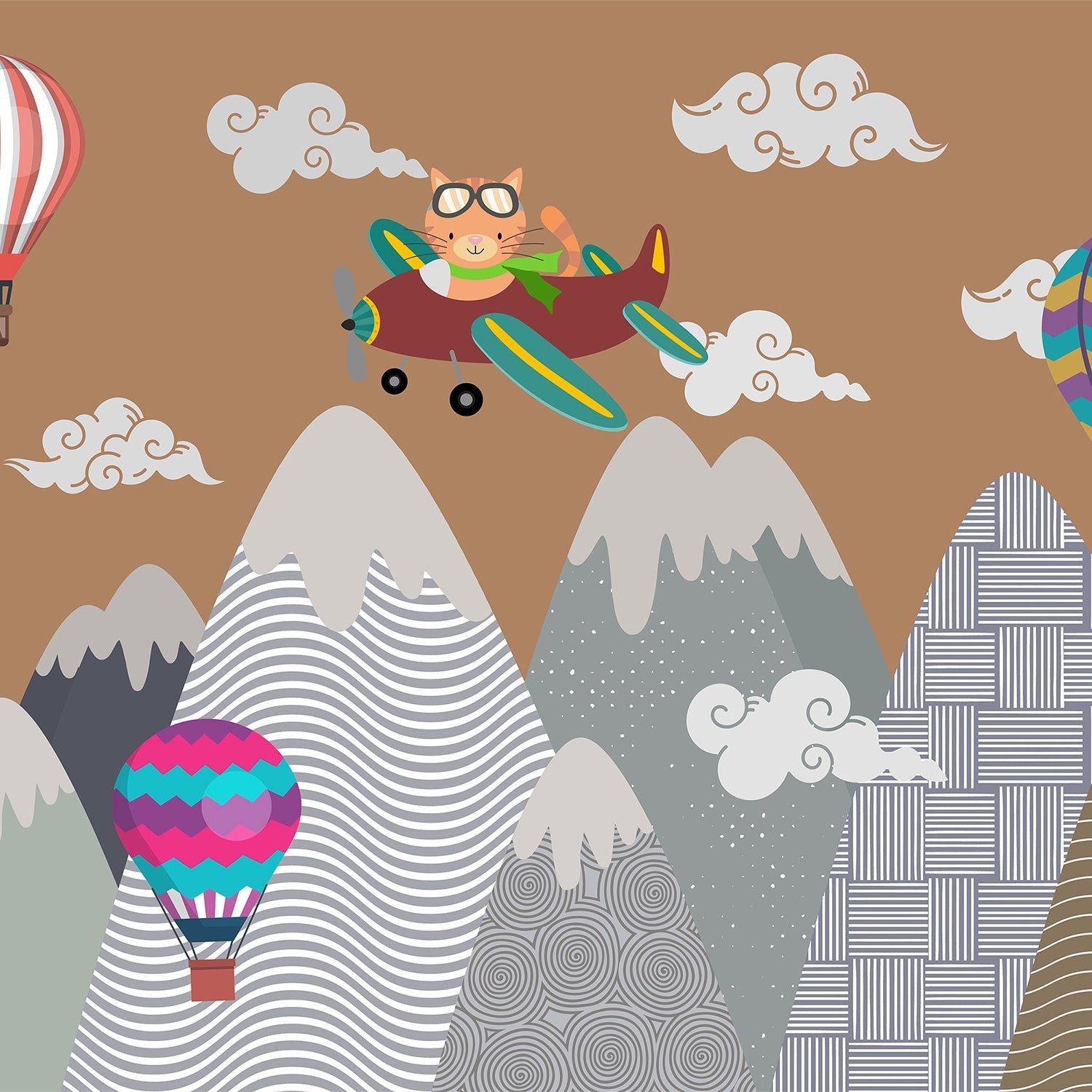 Whimsical mountain scene with teepee tent, hot air balloons and cartoon airplane above peaks - view 2 - final