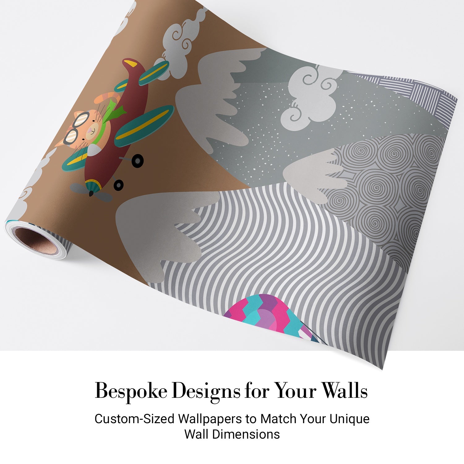 Whimsical mountain scene with teepee tent, hot air balloons and cartoon airplane above peaks - view 3 - final