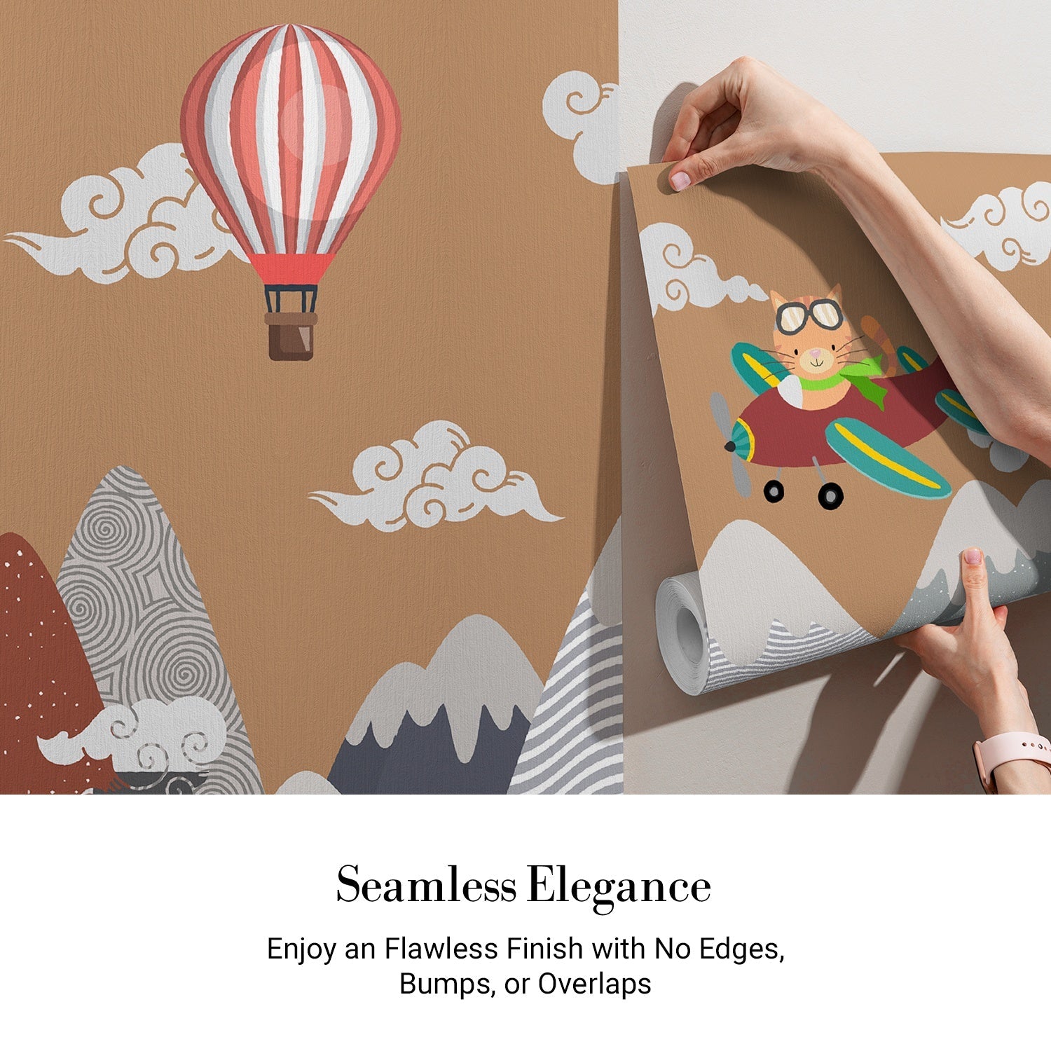Whimsical mountain scene with teepee tent, hot air balloons and cartoon airplane above peaks - view 4 - final