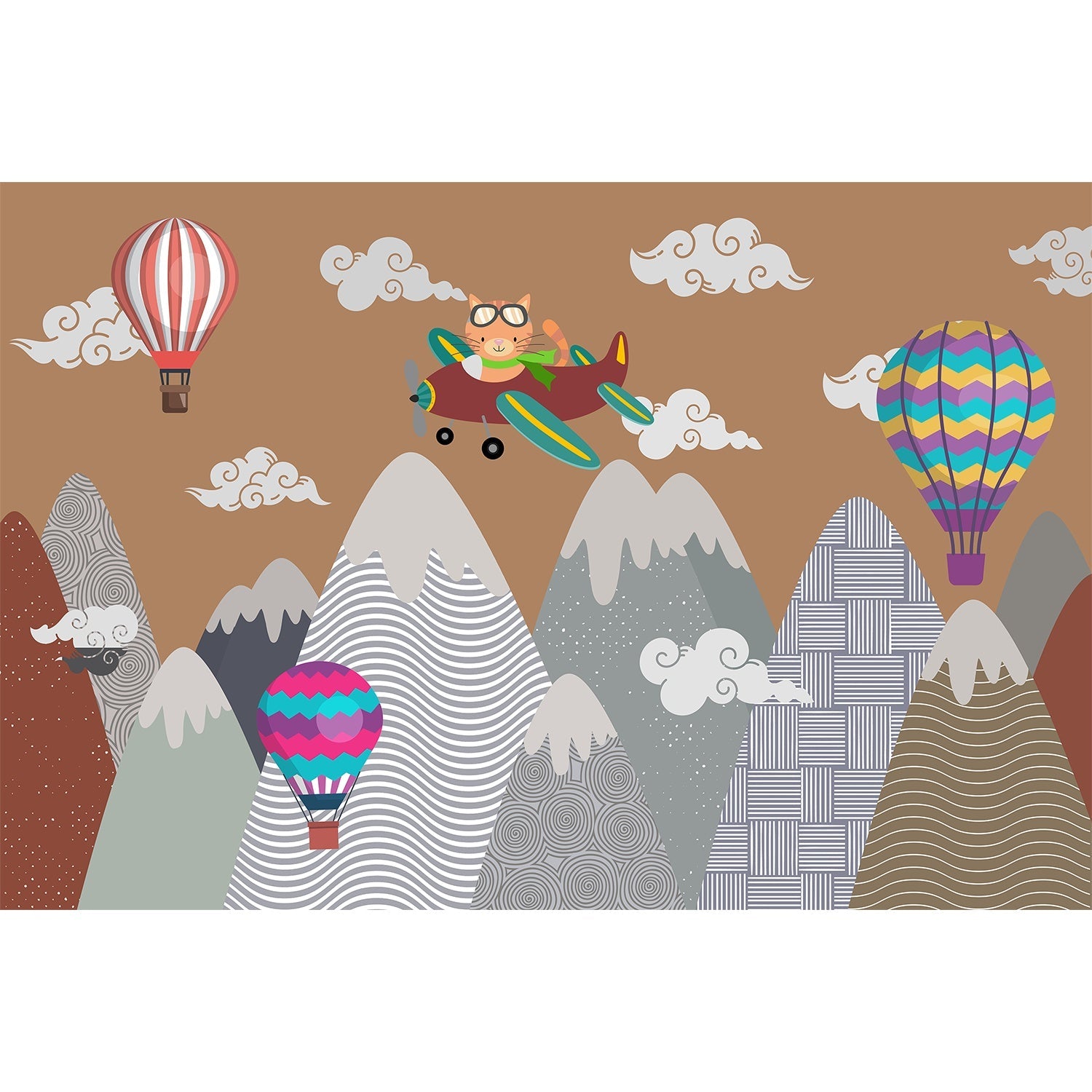 "Whimsical cat flying among clouds lea - kids wallpaper mural-equal final"