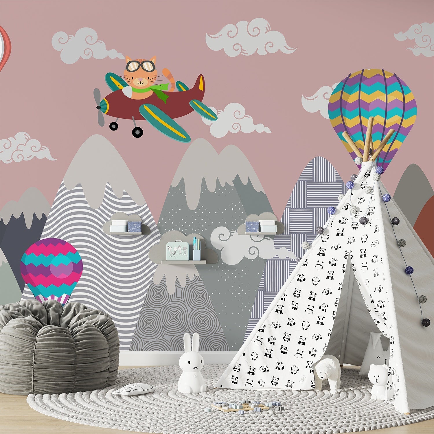 Whimsical mountain scene with teepee tent, hot air balloons and cartoon airplane above peaks - view 7 - final