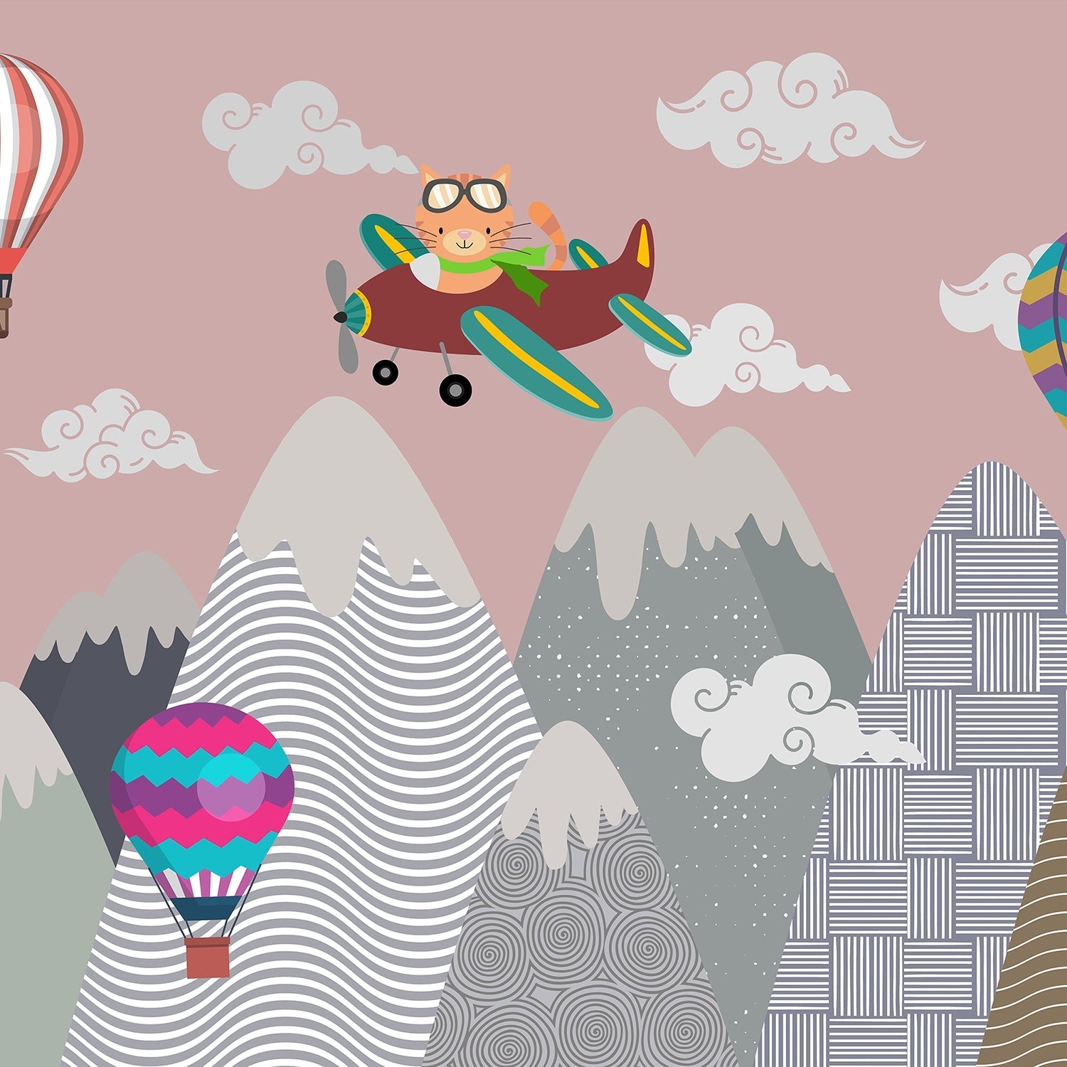 Whimsical mountain scene with teepee tent, hot air balloons and cartoon airplane above peaks - view 8 - final