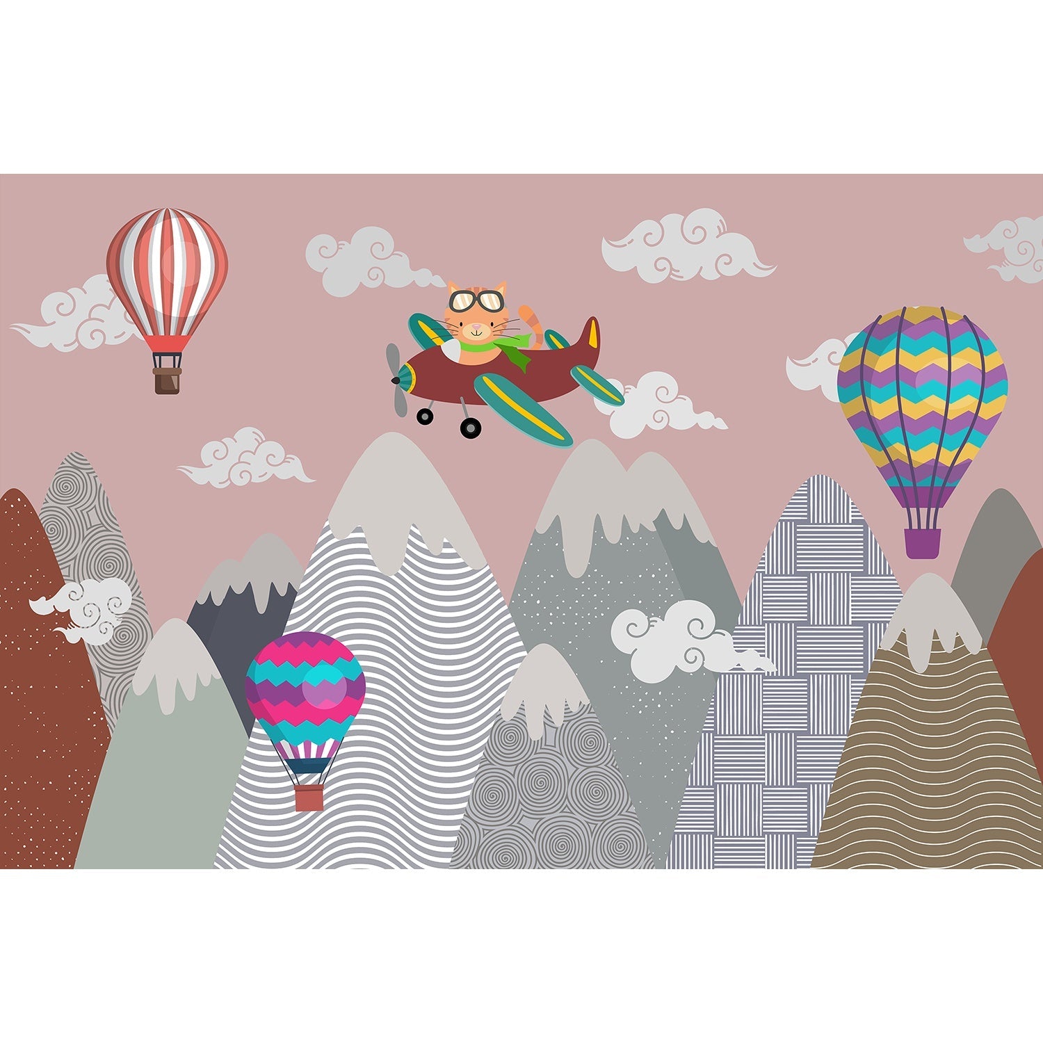 "Whimsical cat flying among clouds lea - kids wallpaper mural-equal final"