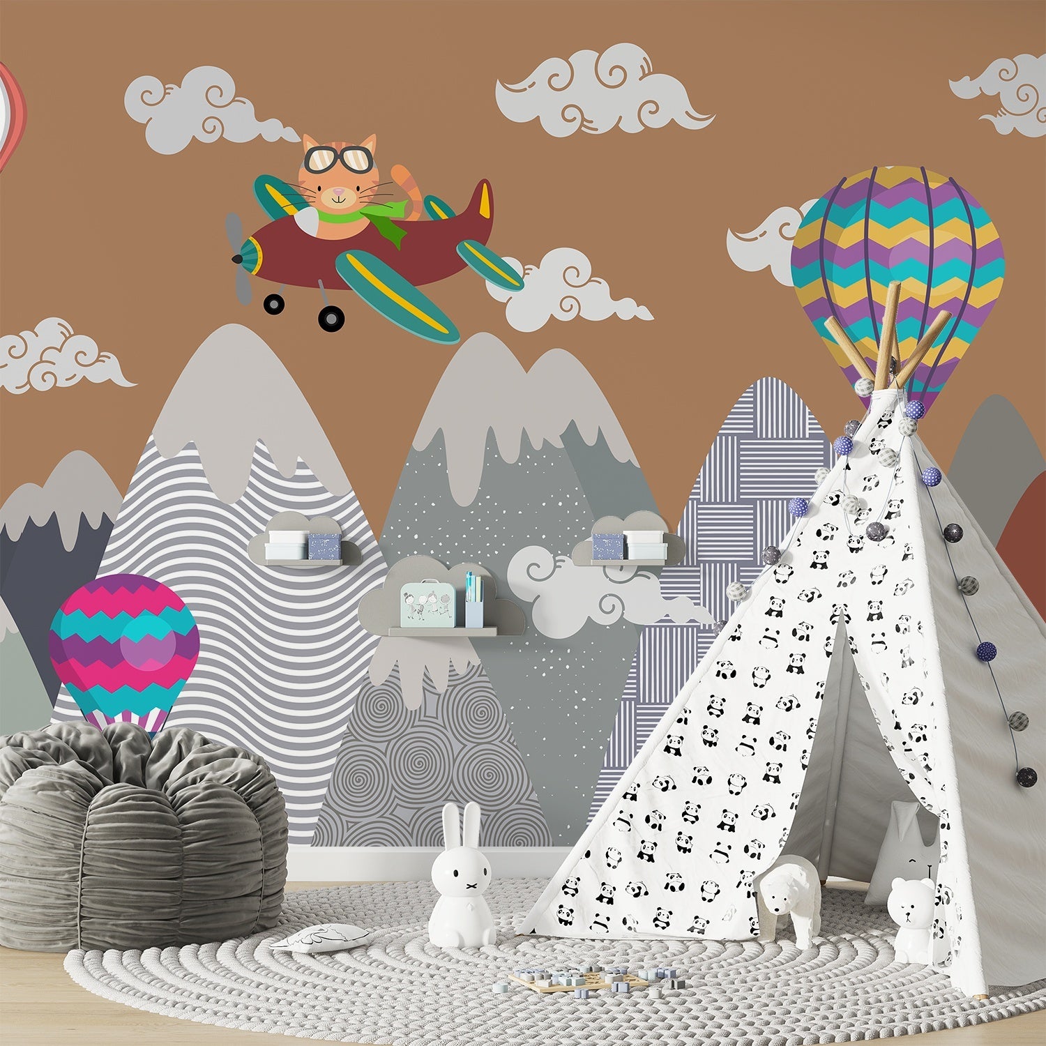 Whimsical mountain scene with teepee tent, hot air balloons and cartoon airplane above peaks - final kids-room