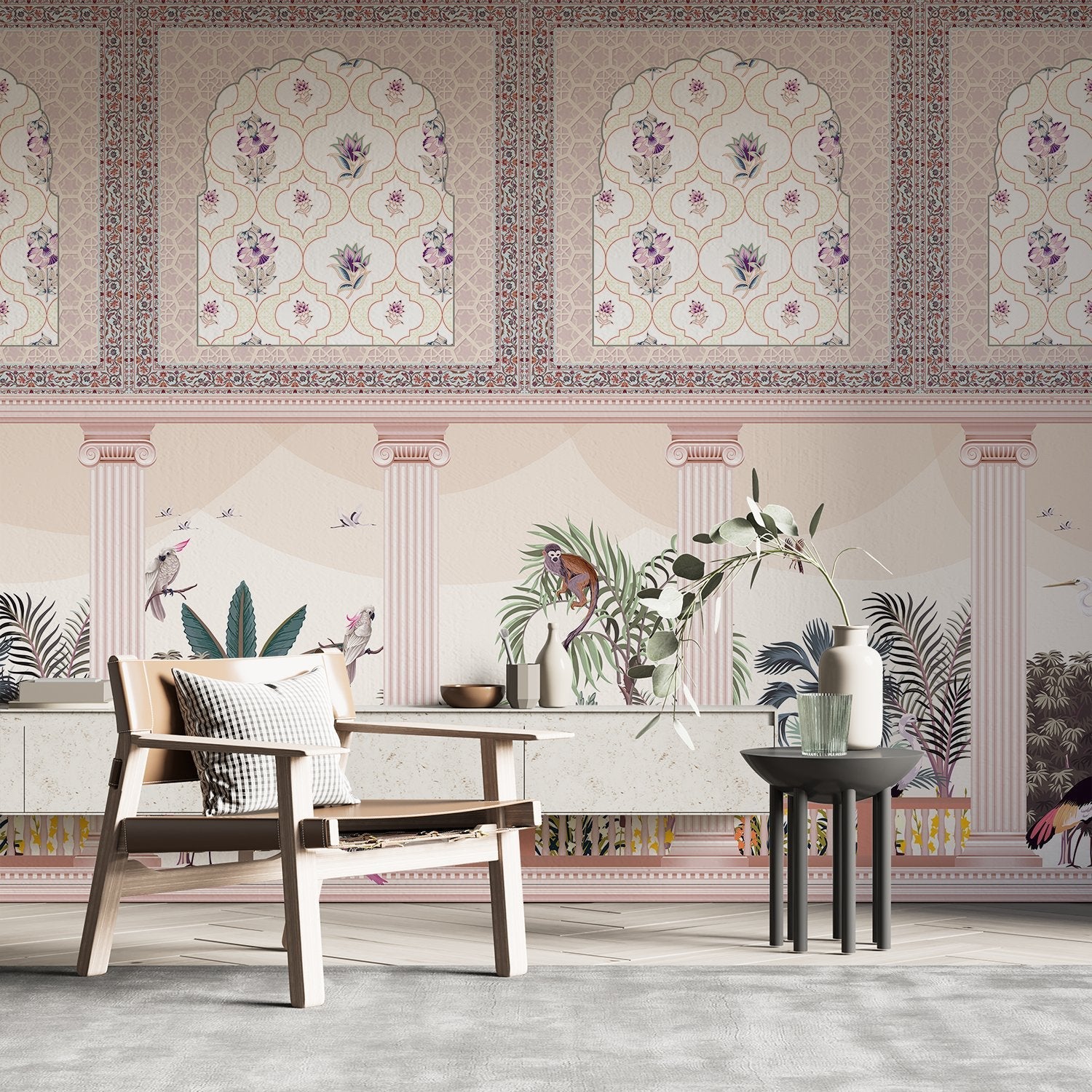 Ornate Mughal arches with purple florals above modern console, tropical plants and classical columns - view 10 - final