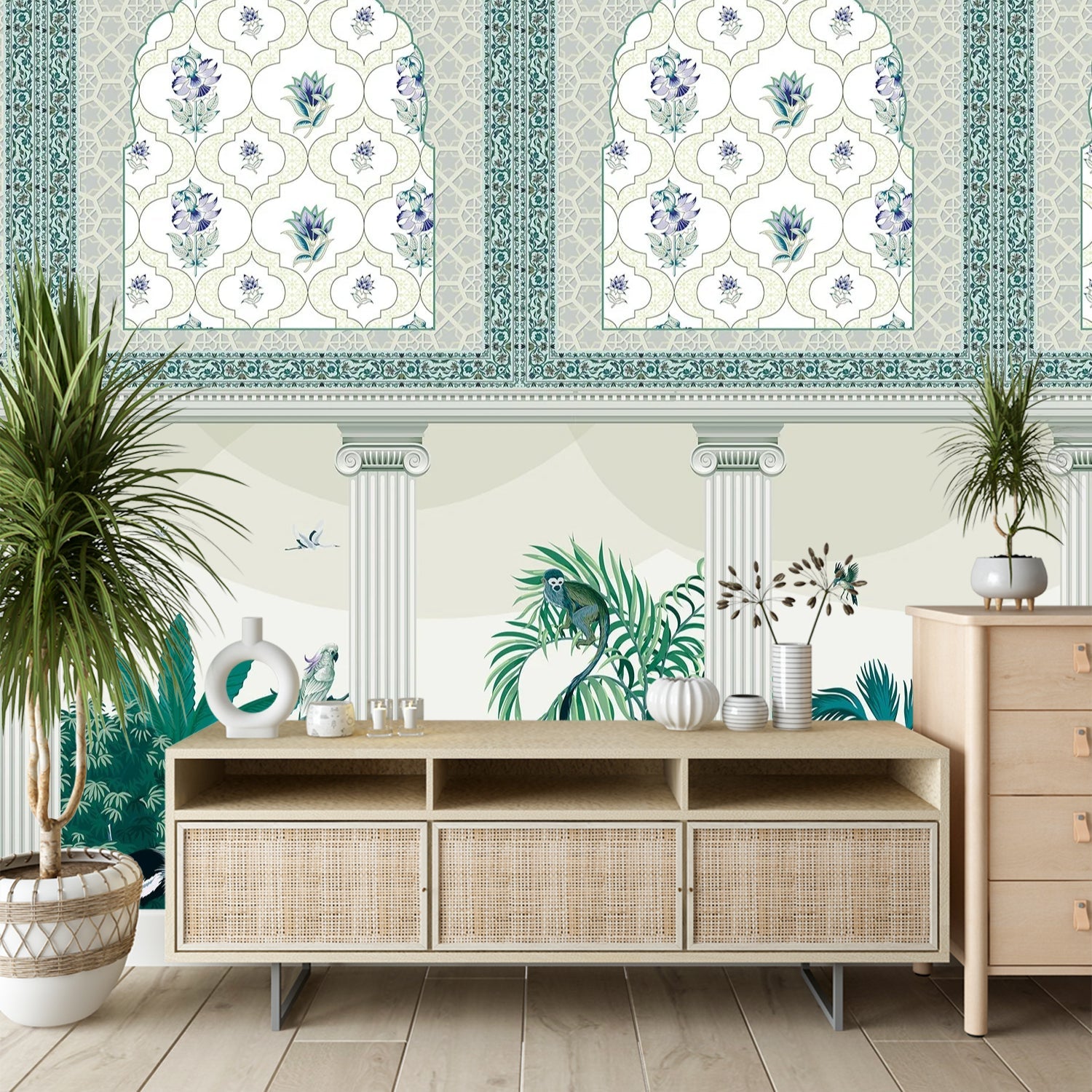 Ornate Mughal arches with purple florals above modern console, tropical plants and classical columns - view 13 - final