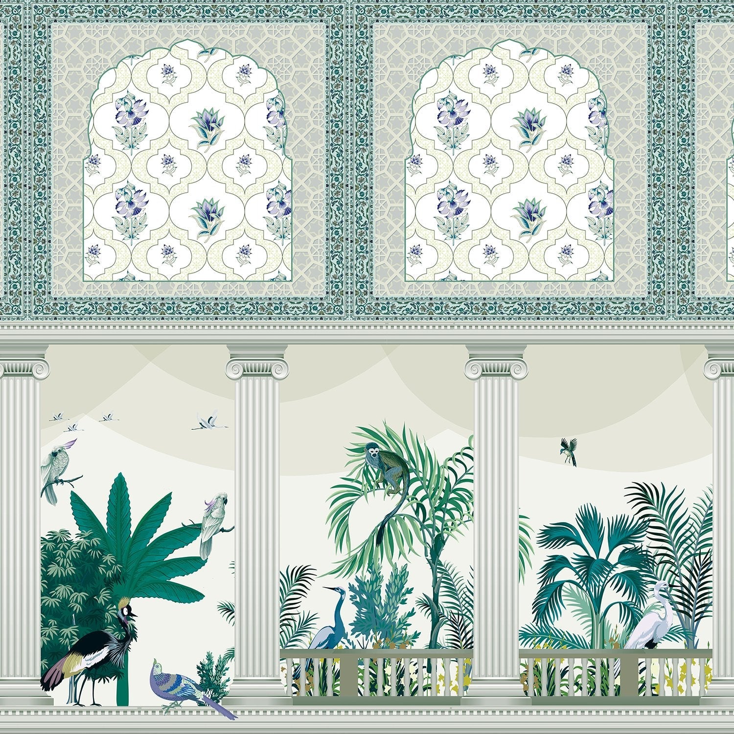 Ornate Mughal arches with purple florals above modern console, tropical plants and classical columns - view 14 - final