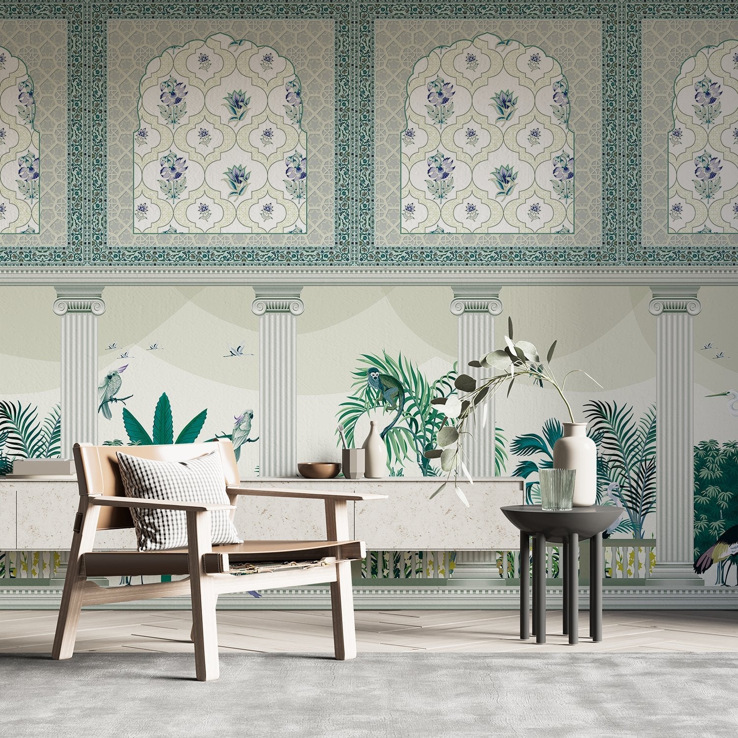 Ornate Mughal arches with purple florals above modern console, tropical plants and classical columns - view 15 - final