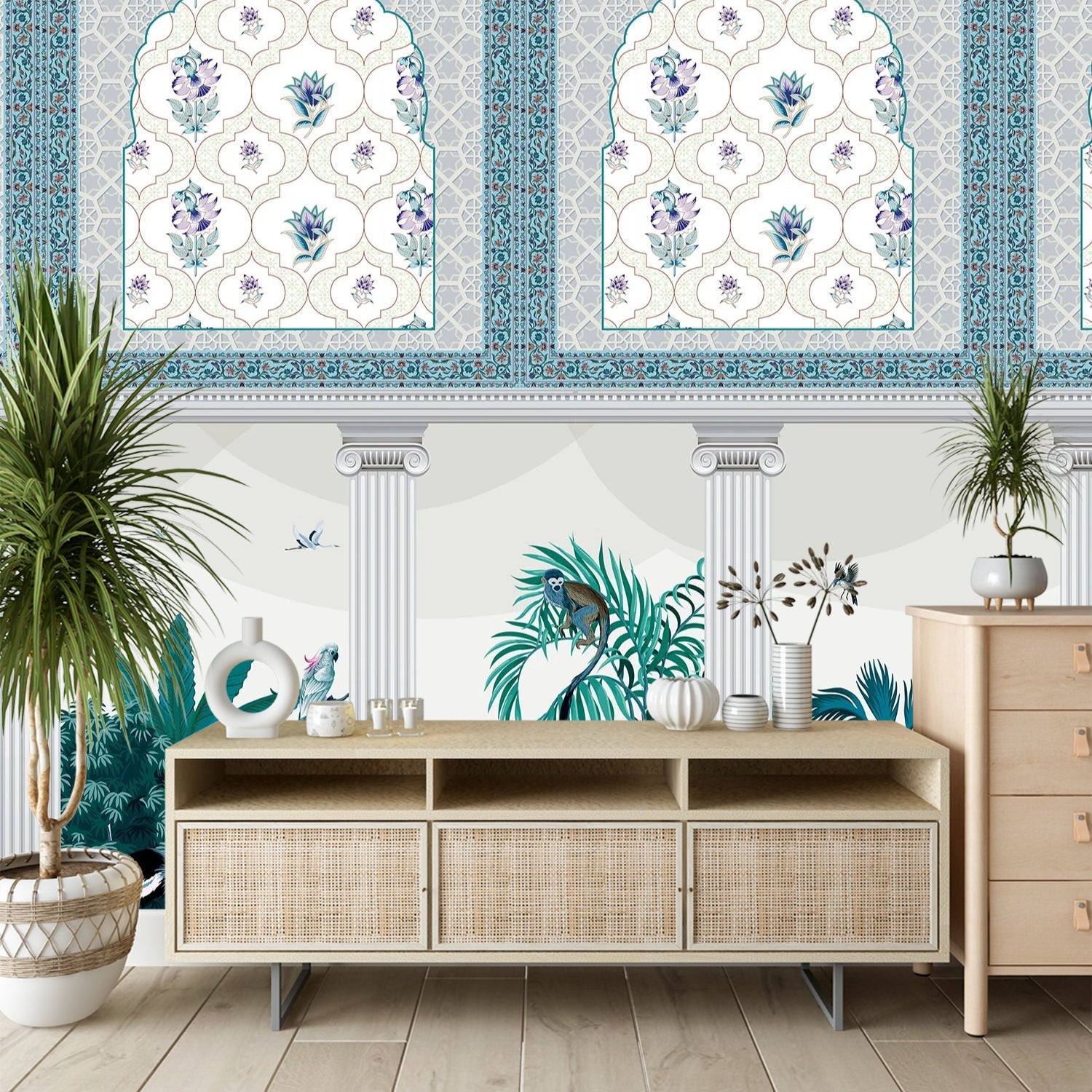 Ornate Mughal arches with purple florals above modern console, tropical plants and classical columns - view 18 - final