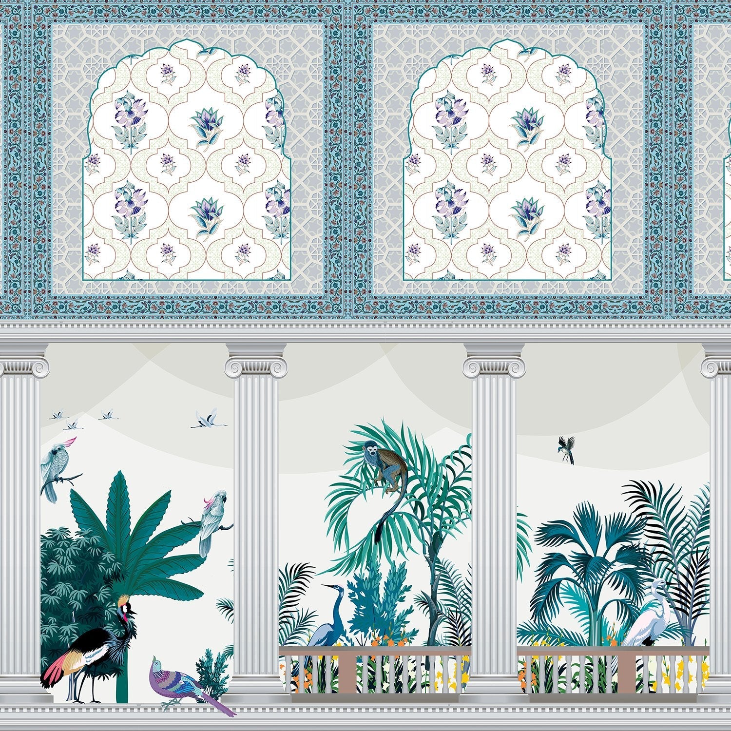 Ornate Mughal arches with purple florals above modern console, tropical plants and classical columns - view 19 - final