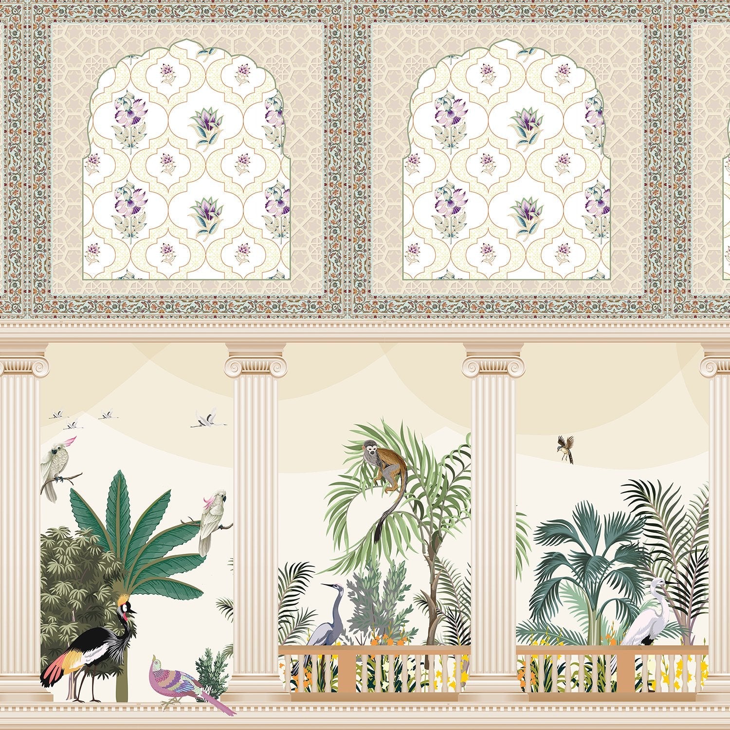 Ornate Mughal arches with purple florals above modern console, tropical plants and classical columns - view 2 - final