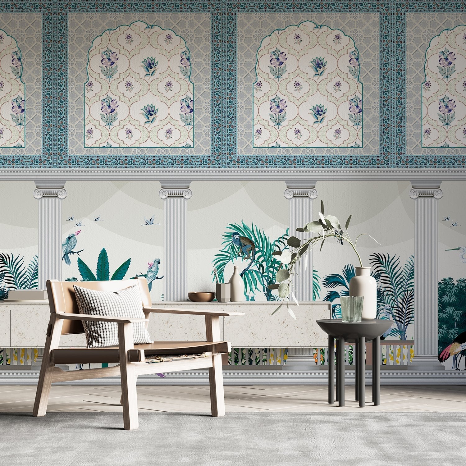 Ornate Mughal arches with purple florals above modern console, tropical plants and classical columns - view 20 - final