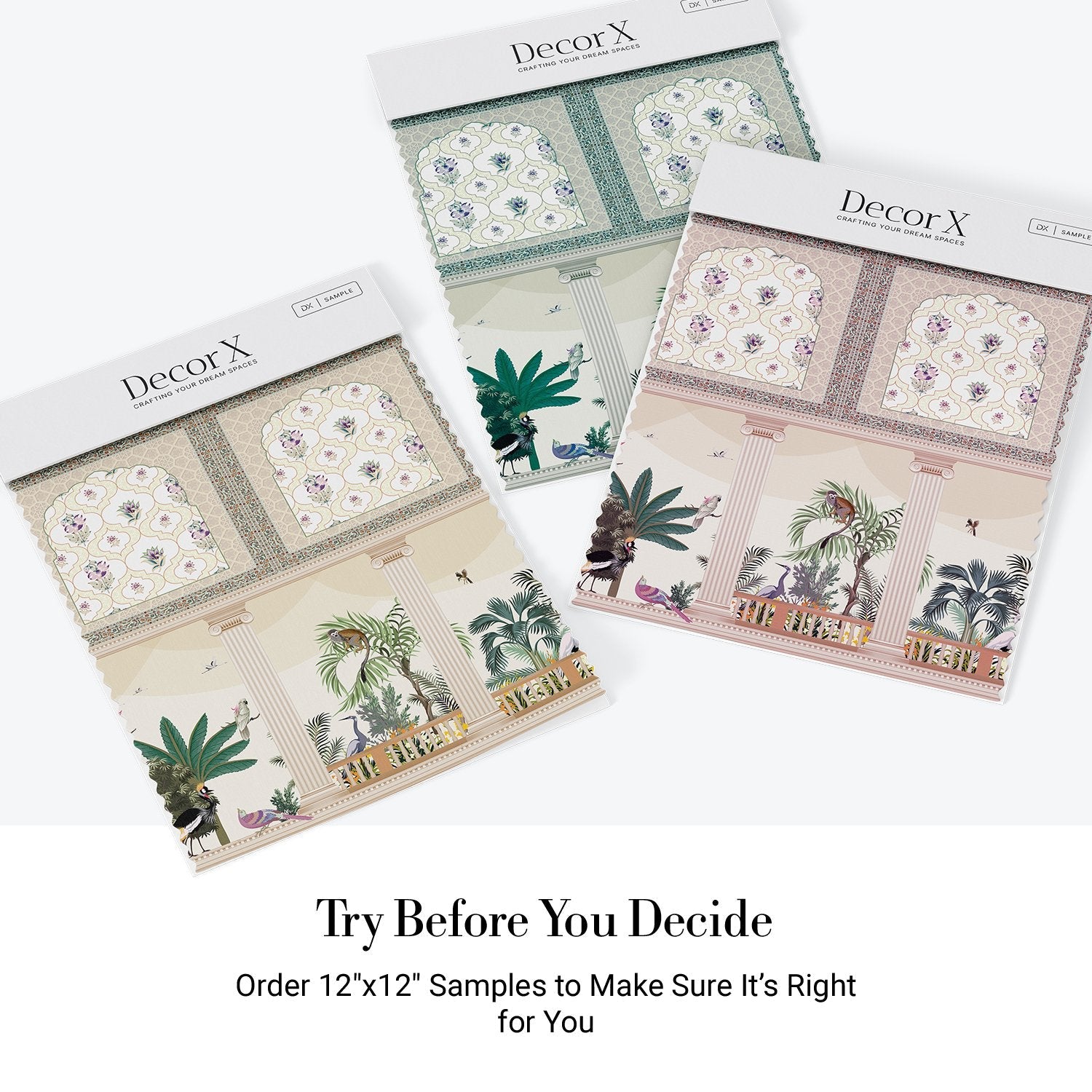 Ornate Mughal arches with purple florals above modern console, tropical plants and classical columns - view 23 - final all-groups samples