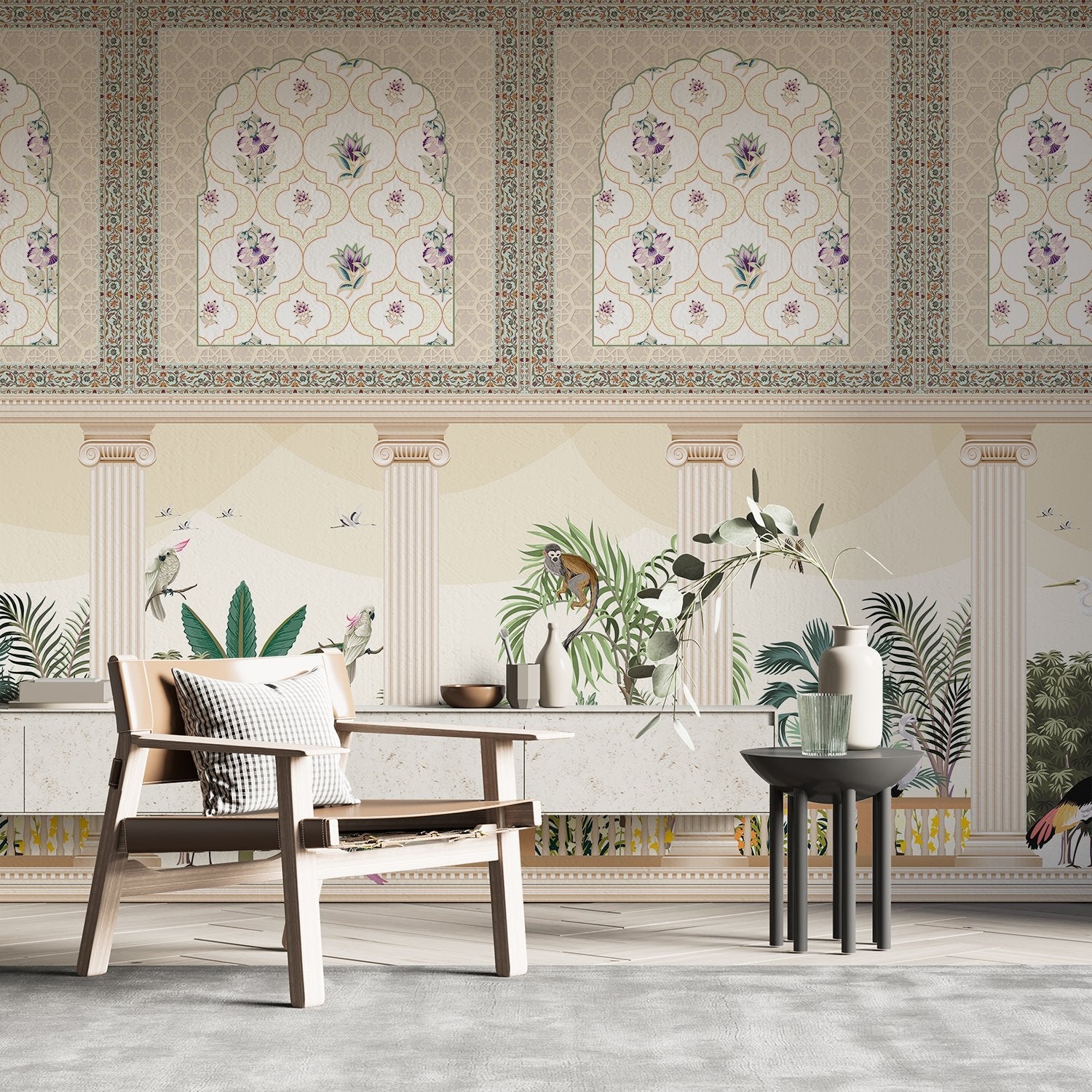 Ornate Mughal arches with purple florals above modern console, tropical plants and classical columns - view 3 - final hobby-room