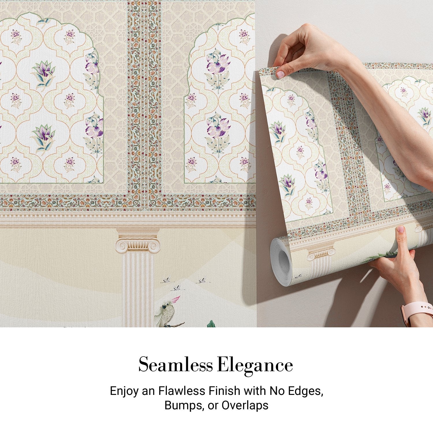 Ornate Mughal arches with purple florals above modern console, tropical plants and classical columns - view 4 - final