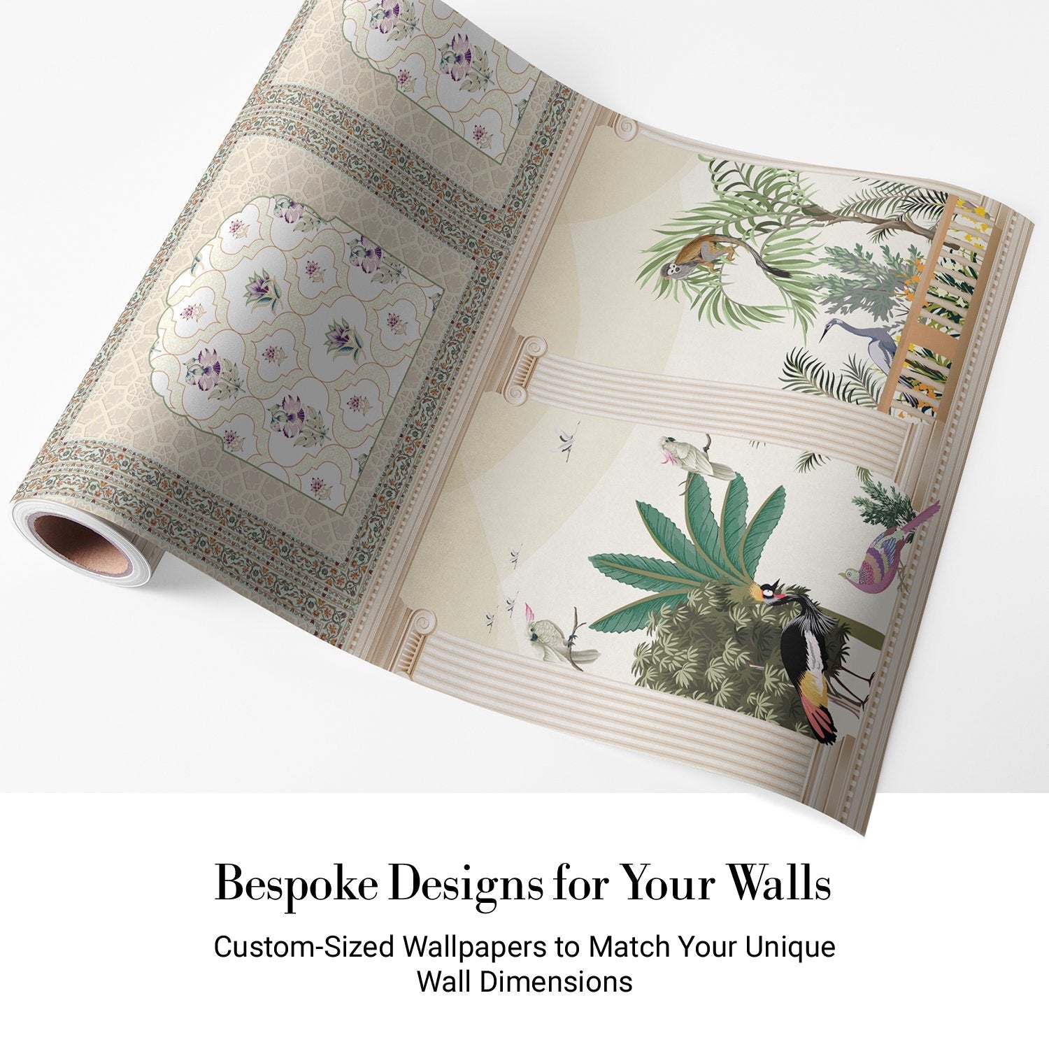 Ornate Mughal arches with purple florals above modern console, tropical plants and classical columns - view 5 - final