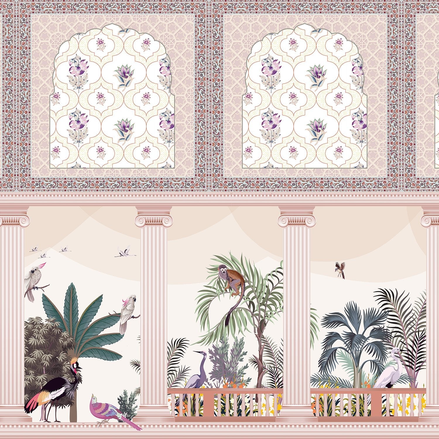 Ornate Mughal arches with purple florals above modern console, tropical plants and classical columns - view 9 - final