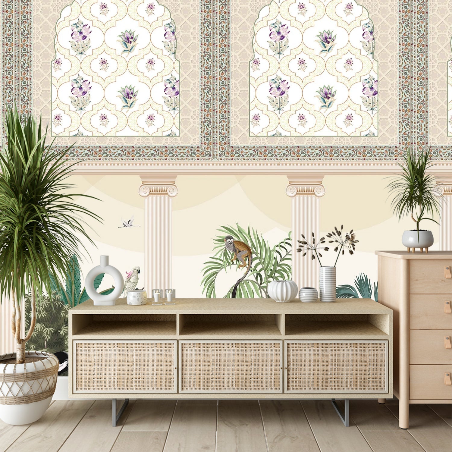 Ornate Mughal arches with purple florals above modern console, tropical plants and classical columns - final foyer