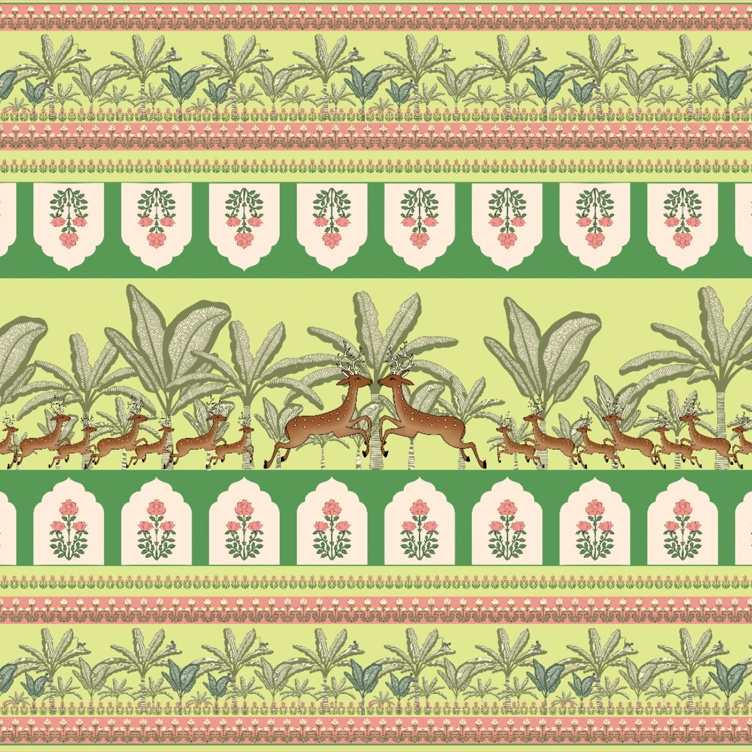 Traditional Indian border design with prancing deer, palm trees and floral medallion motifs - view 12 - final