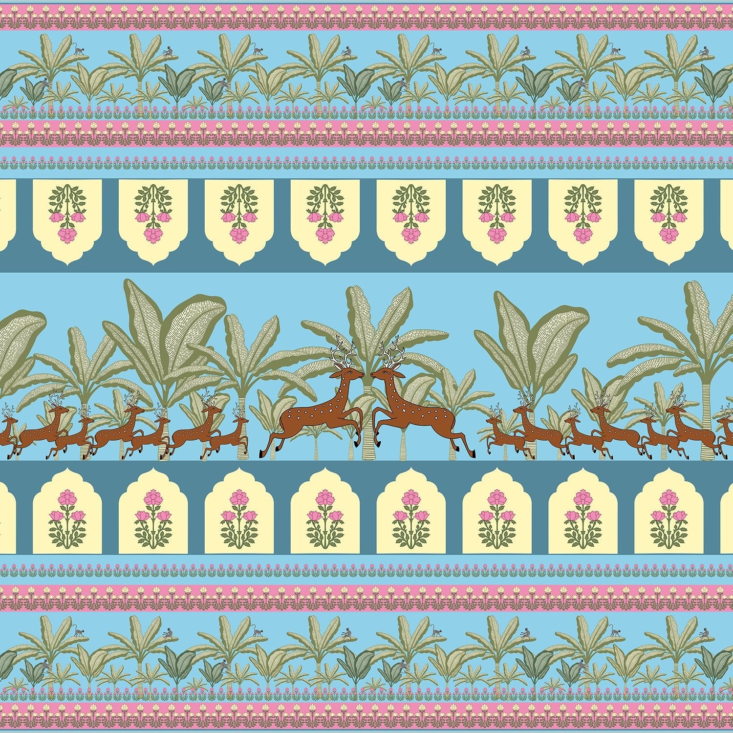 Traditional Indian border design with prancing deer, palm trees and floral medallion motifs - view 2 - final