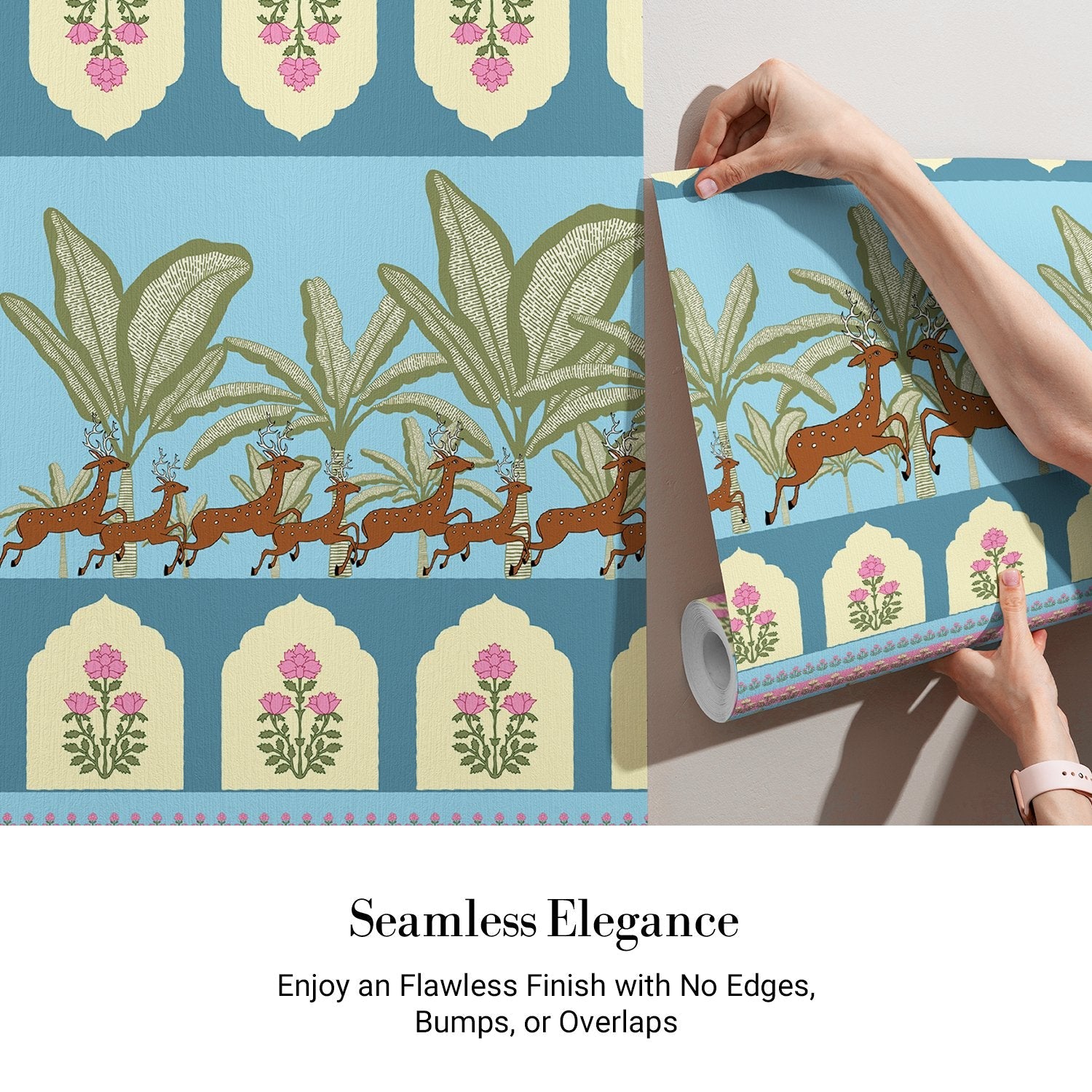 Traditional Indian border design with prancing deer, palm trees and floral medallion motifs - view 3 - final