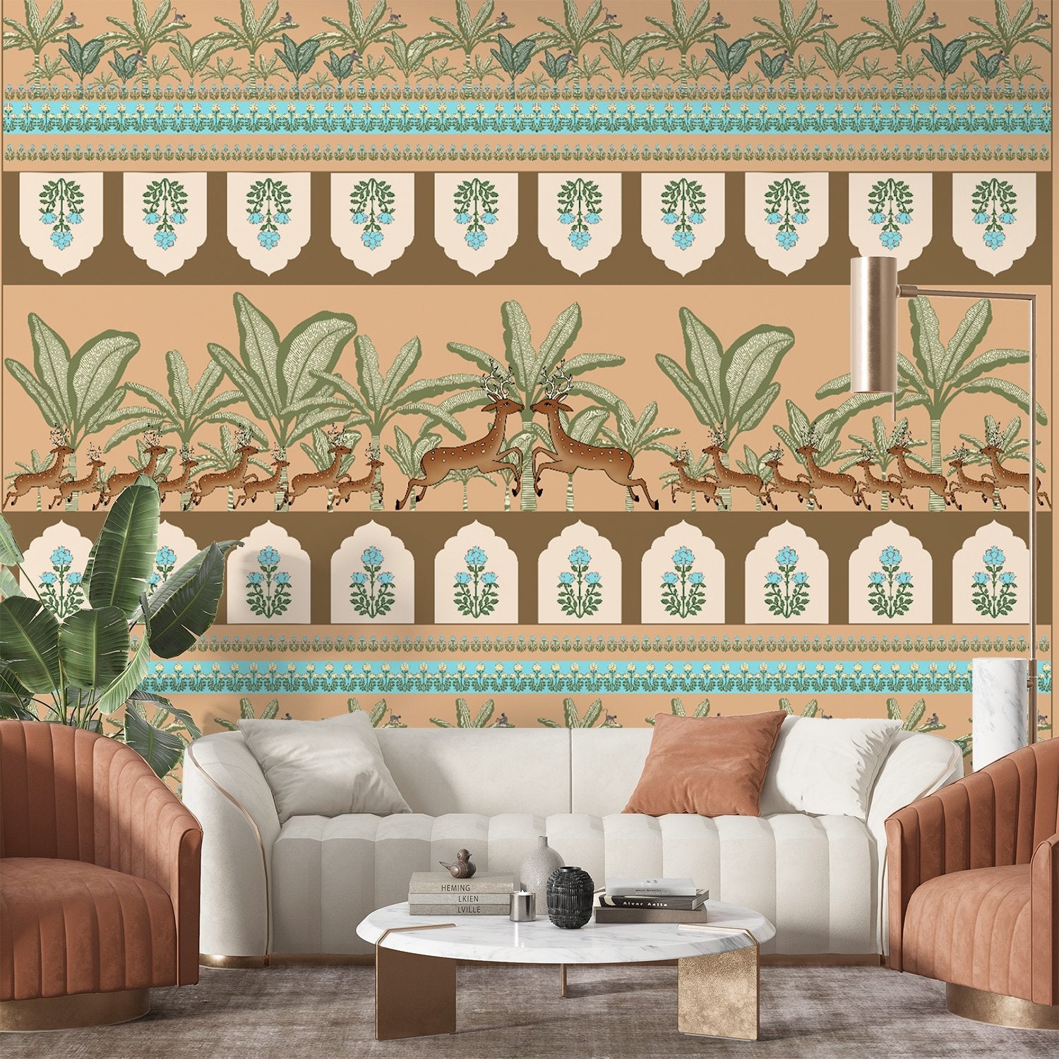 Traditional Indian border design with prancing deer, palm trees and floral medallion motifs - view 7 - final