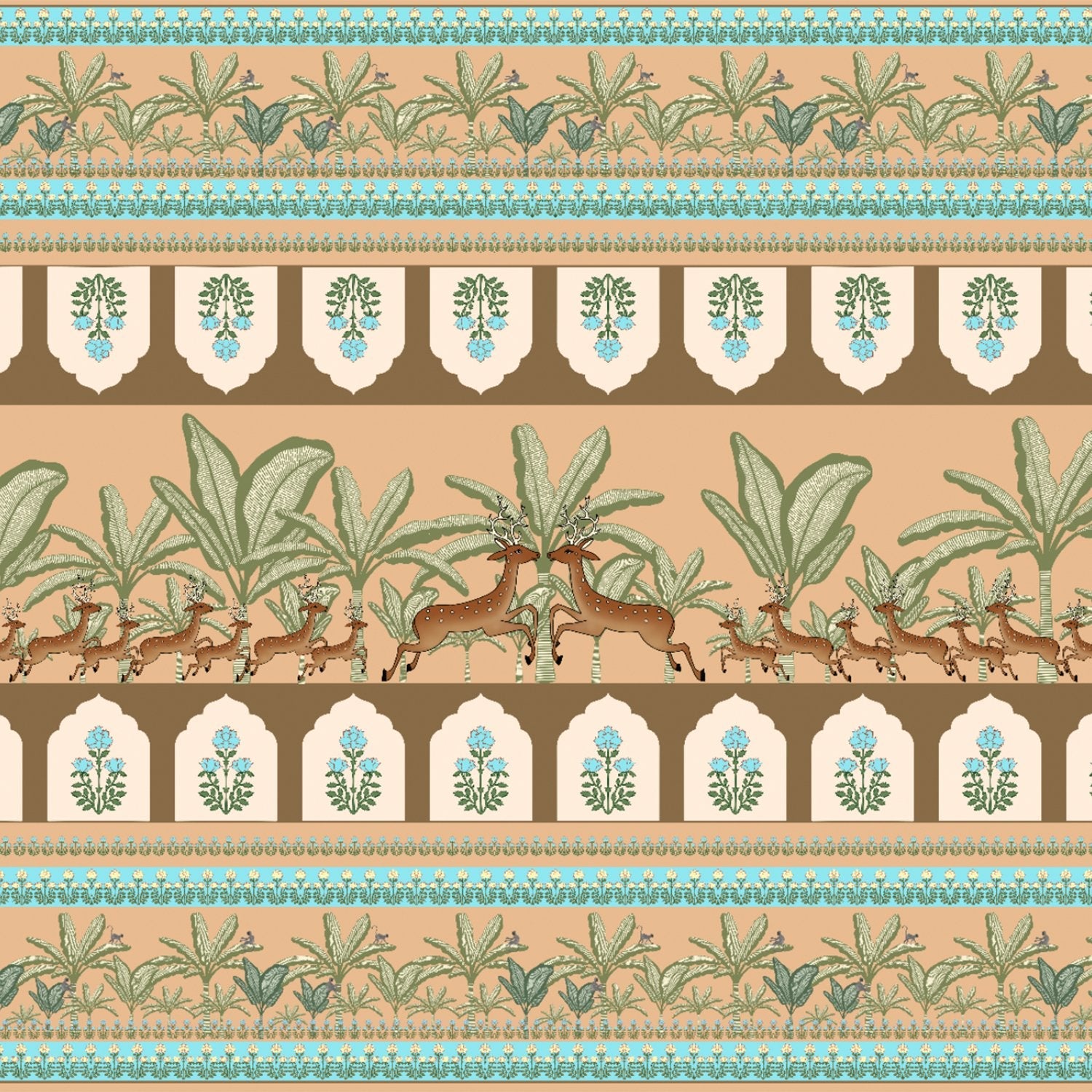 Traditional Indian border design with prancing deer, palm trees and floral medallion motifs - view 8 - final