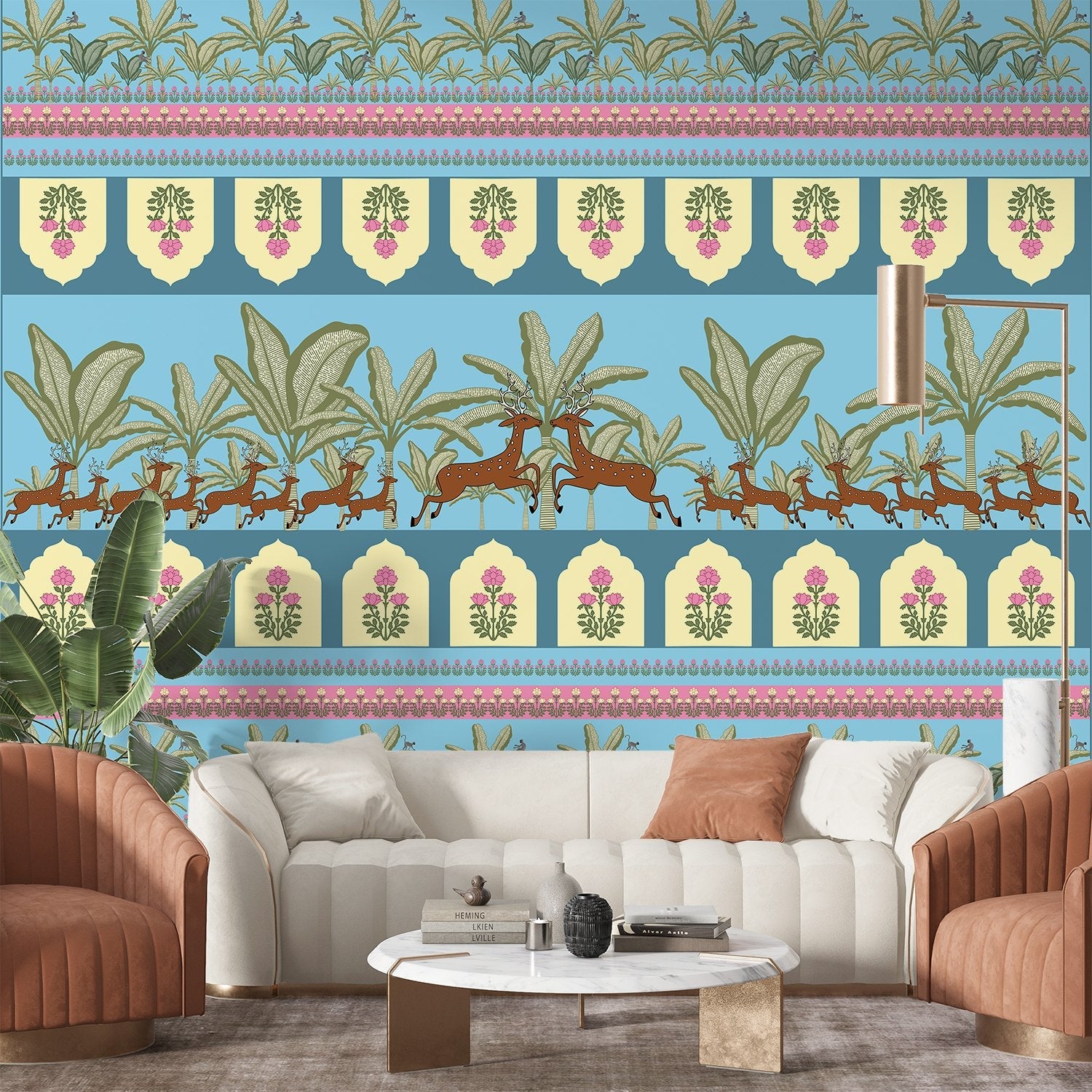 Traditional Indian border design with prancing deer, palm trees and floral medallion motifs - final living-room