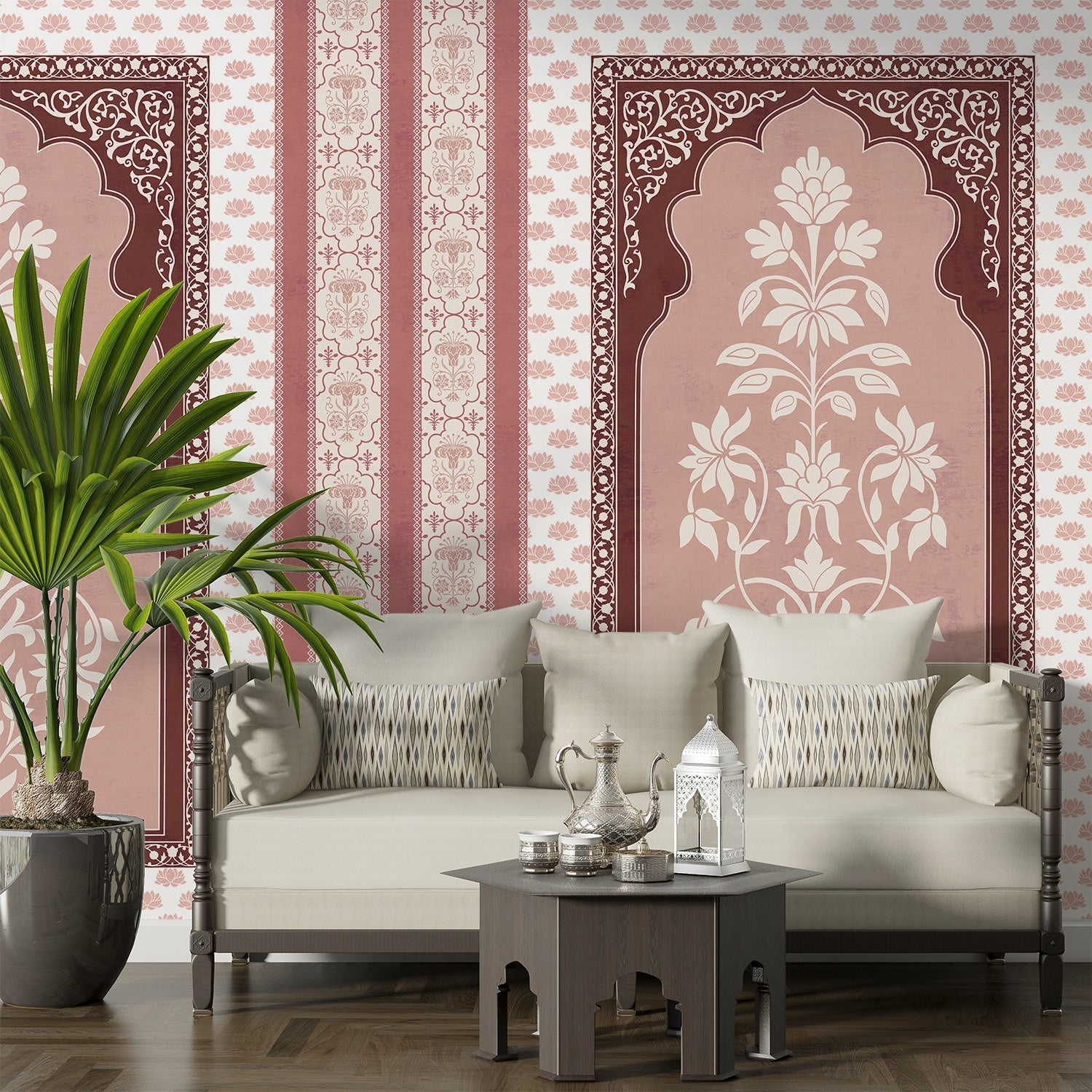 Traditional Mughal inspired panels with white floral motifs on teal background with decorative borders - view 11 - final