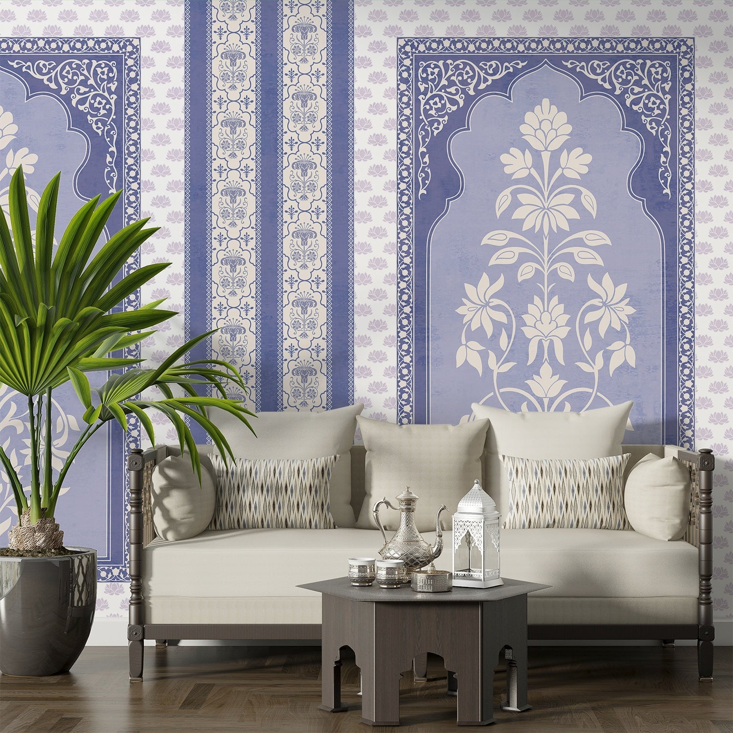 Traditional Mughal inspired panels with white floral motifs on teal background with decorative borders - view 15 - final