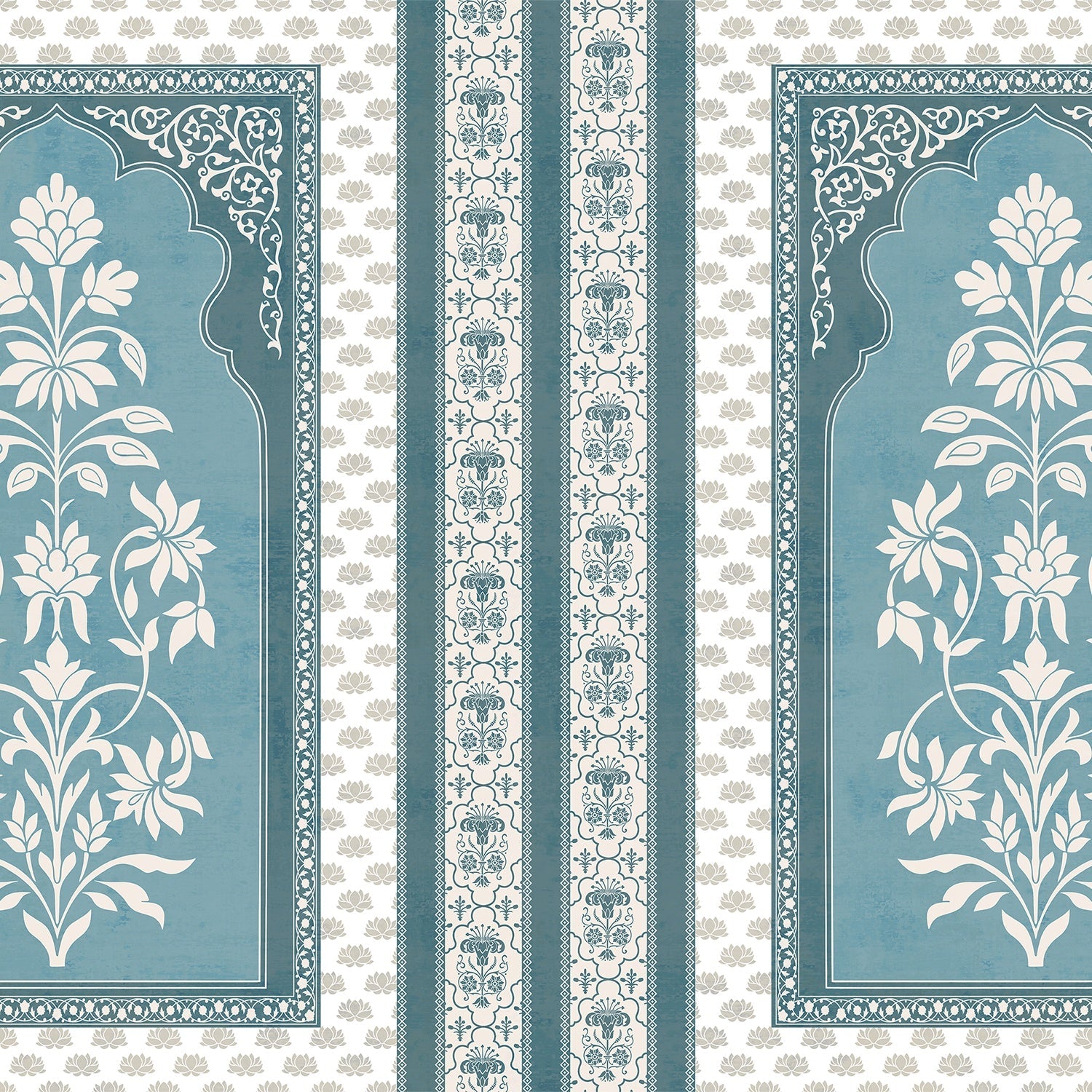 Traditional Mughal inspired panels with white floral motifs on teal background with decorative borders - view 2 - final