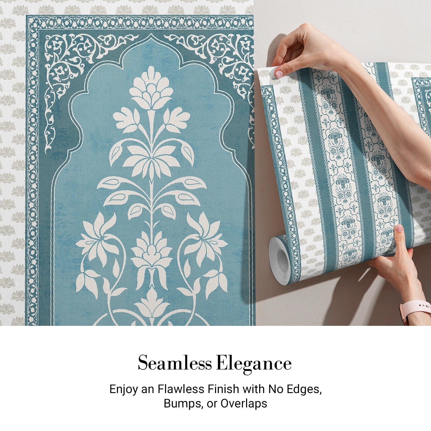 Traditional Mughal inspired panels with white floral motifs on teal background with decorative borders - view 3 - final