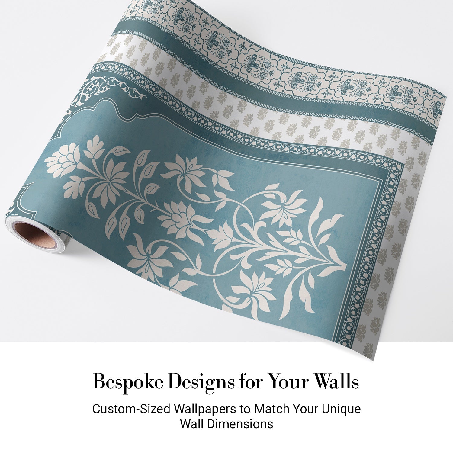 Traditional Mughal inspired panels with white floral motifs on teal background with decorative borders - view 4 - final