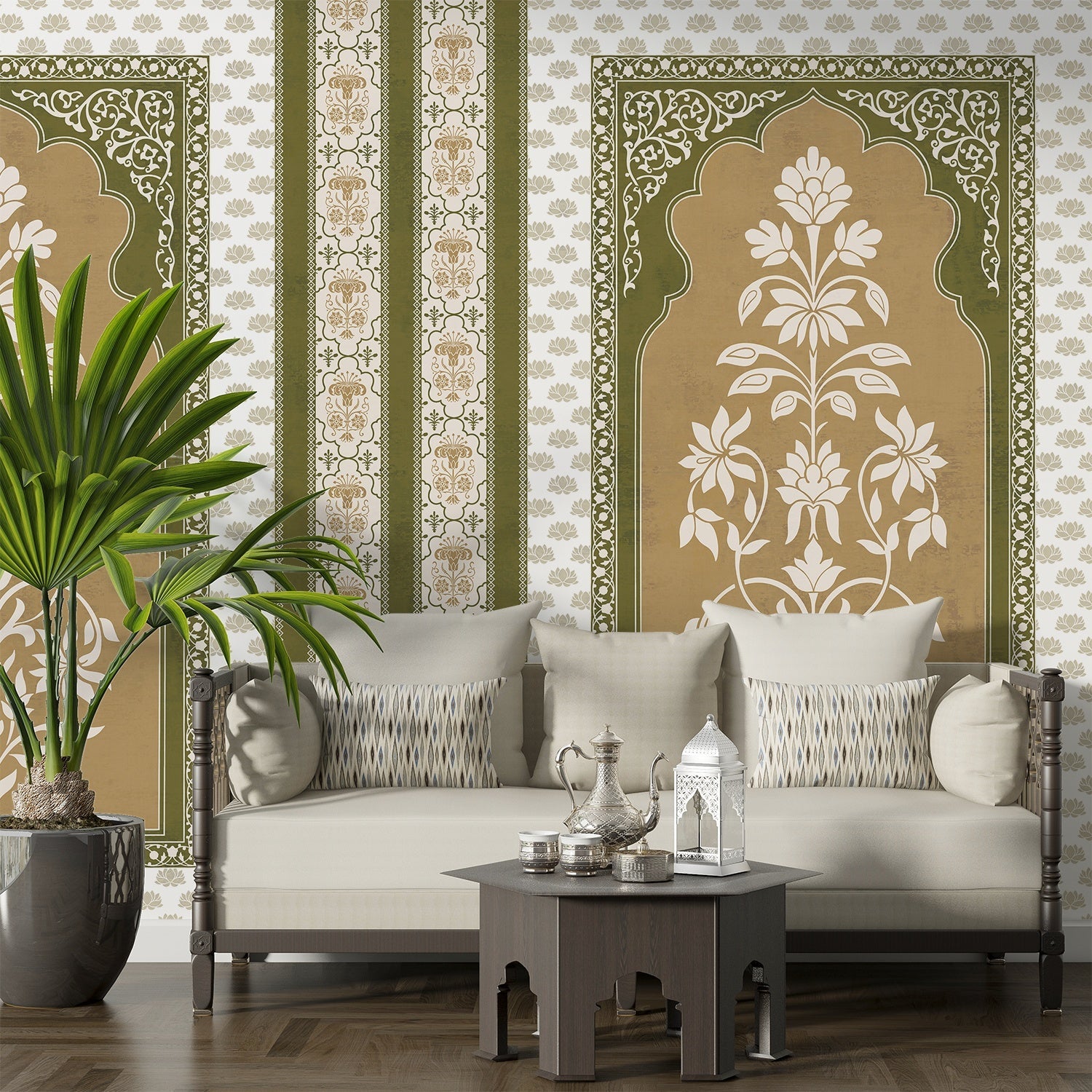 Traditional Mughal inspired panels with white floral motifs on teal background with decorative borders - view 7 - final