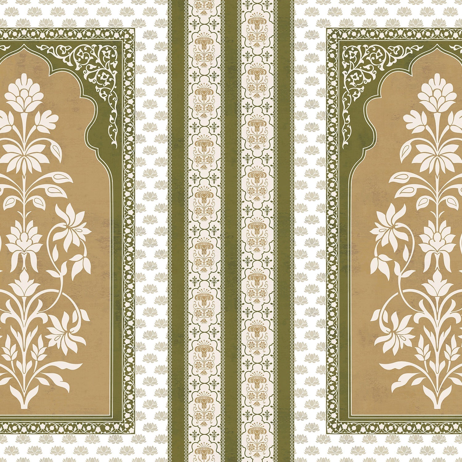 Traditional Mughal inspired panels with white floral motifs on teal background with decorative borders - view 8 - final