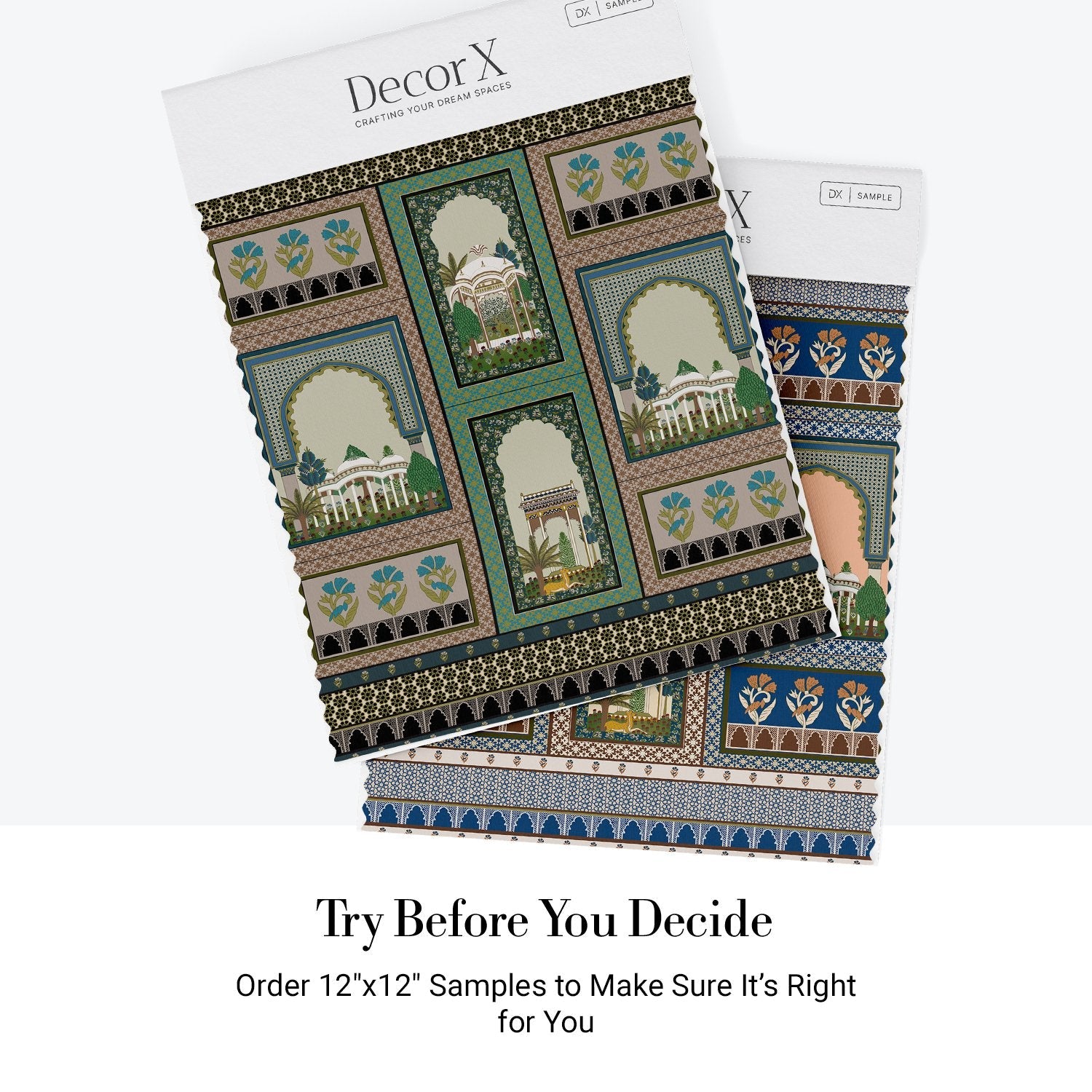 Ornate Islamic architecture panels with domed palaces, arches and decorative floral motifs in teal - view 10 - final all-groups samples