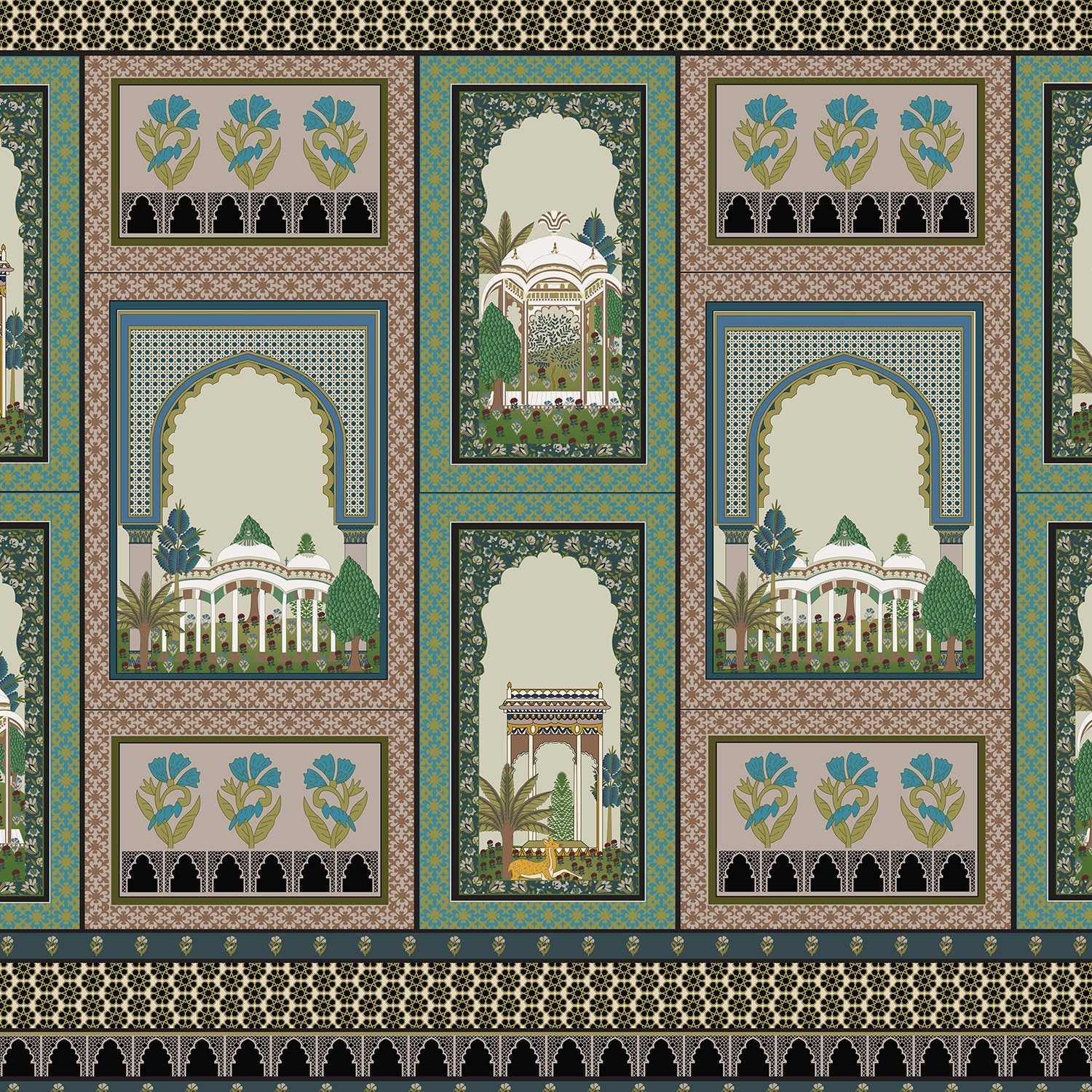 Ornate Islamic architecture panels with domed palaces, arches and decorative floral motifs in teal - view 2 - final