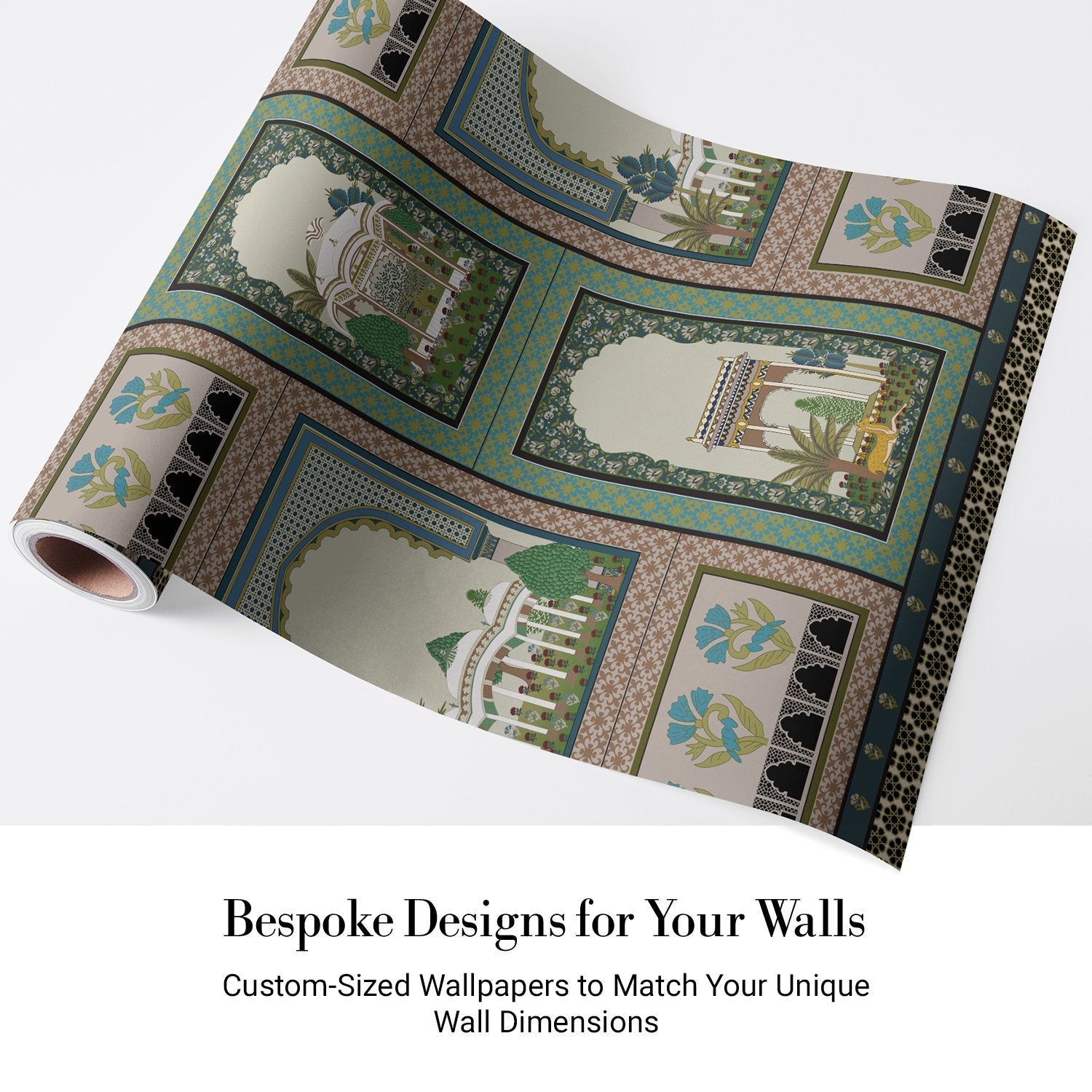 Ornate Islamic architecture panels with domed palaces, arches and decorative floral motifs in teal - view 3 - final